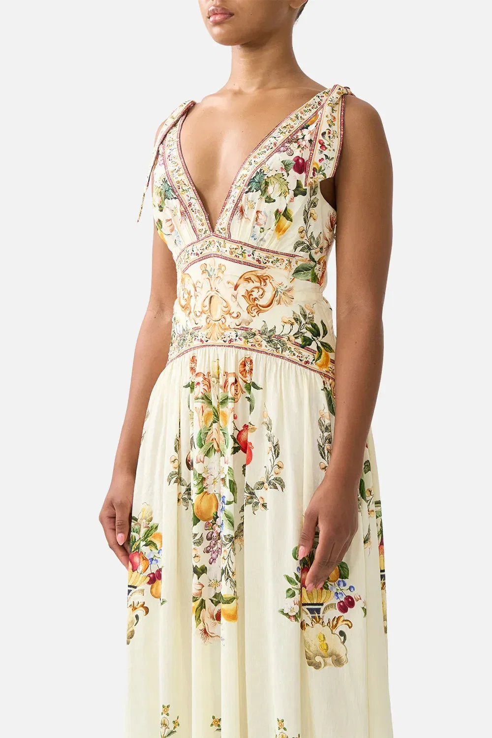 Camilla Va Va Vintage Floral Sleeveless Tie Shoulder Linen Maxi Dress in Yellow