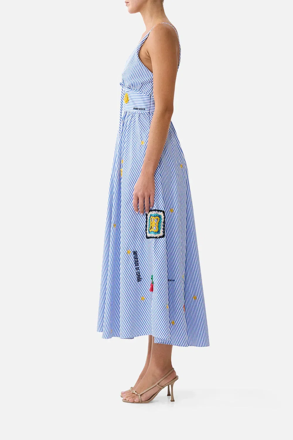 Camilla Magic of the Mercado Sleeveless Tie Detail Waistband Cotton Maxi Dress in Blue