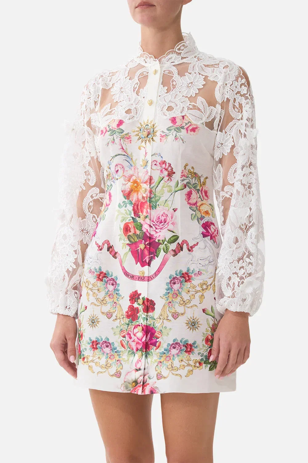Camilla Torero Libertine Floral Lace Linen Mini Dress in White