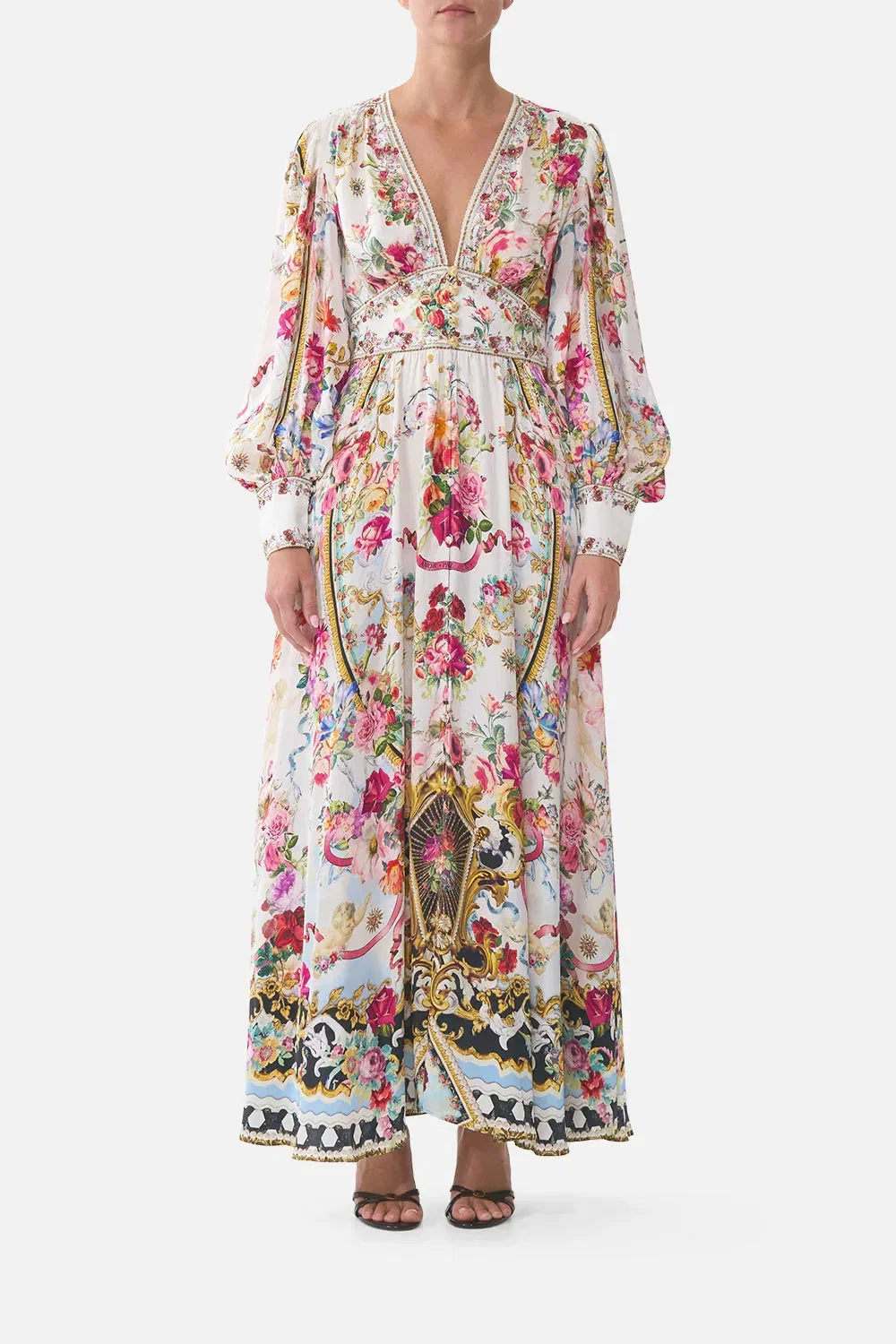 Camilla Torero Libertine Floral Shaped Waistband Silk Maxi Dress in White