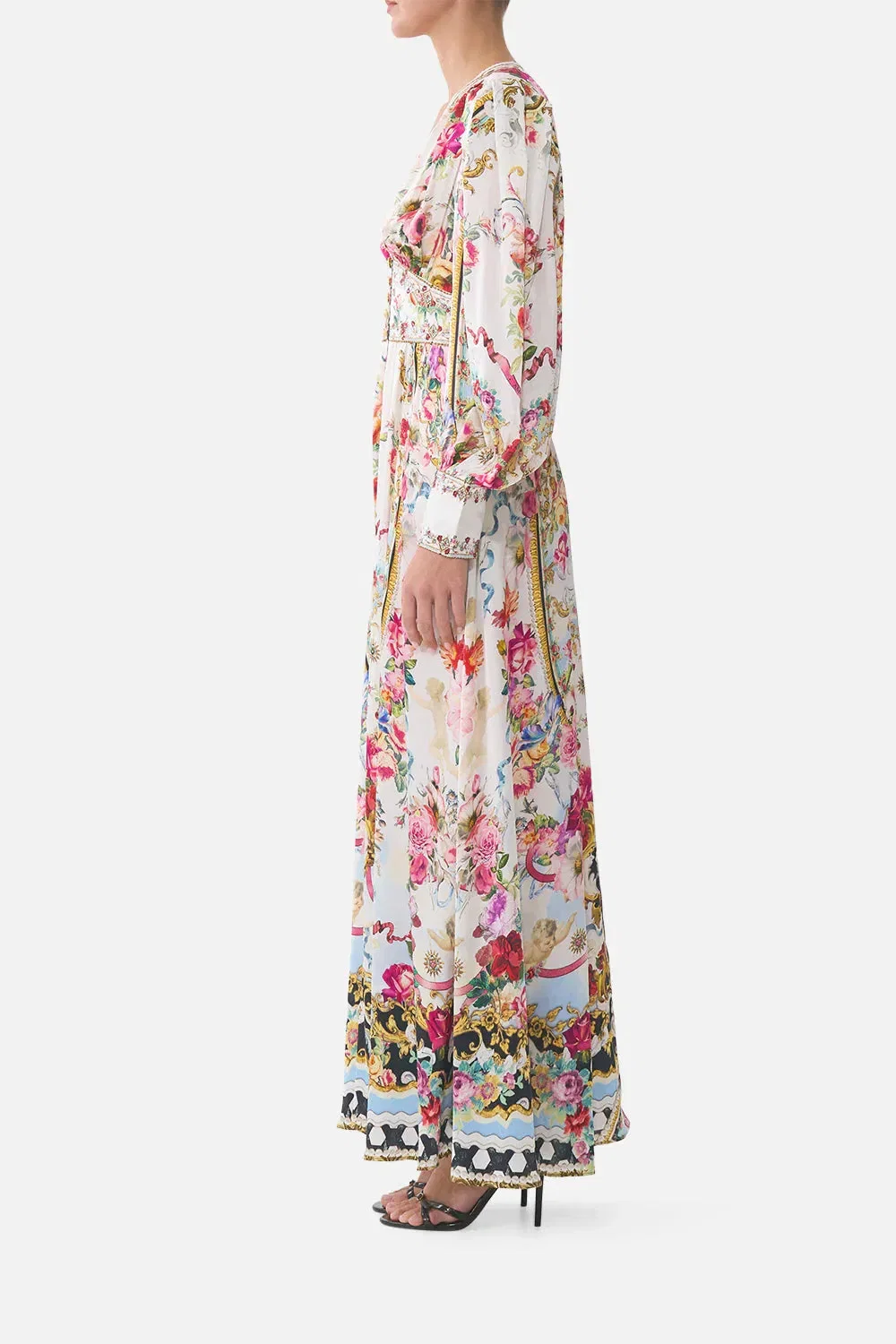 Camilla Torero Libertine Floral Shaped Waistband Silk Maxi Dress in White