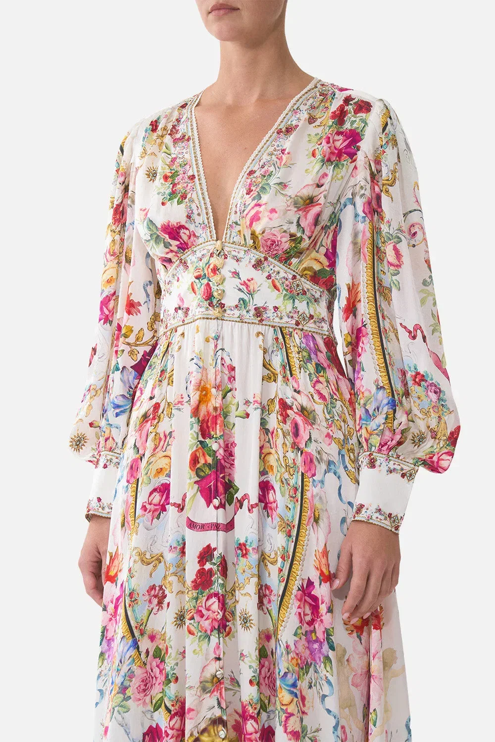 Camilla Torero Libertine Floral Shaped Waistband Silk Maxi Dress in White