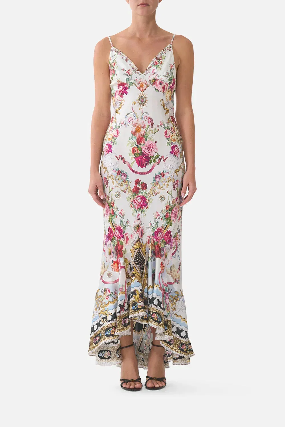 Camilla Torero Libertine Floral Flounce Hem Sleeveless Slip Silk Maxi Dress in White