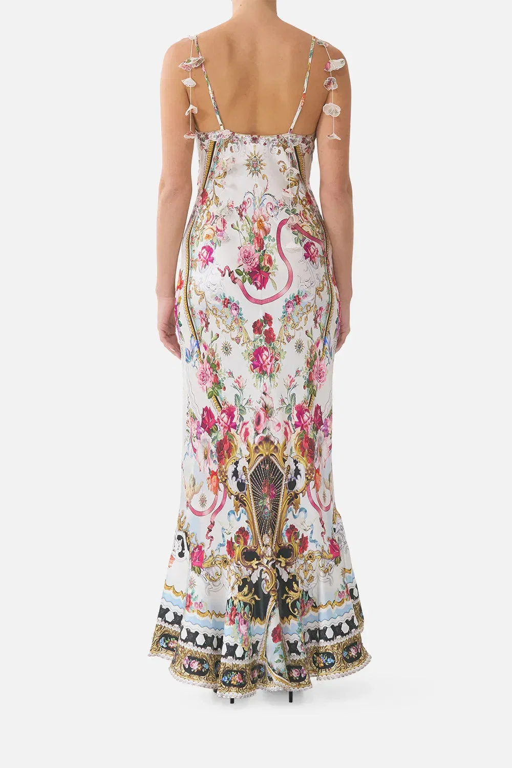Camilla Torero Libertine Floral Flounce Hem Sleeveless Slip Silk Maxi Dress in White