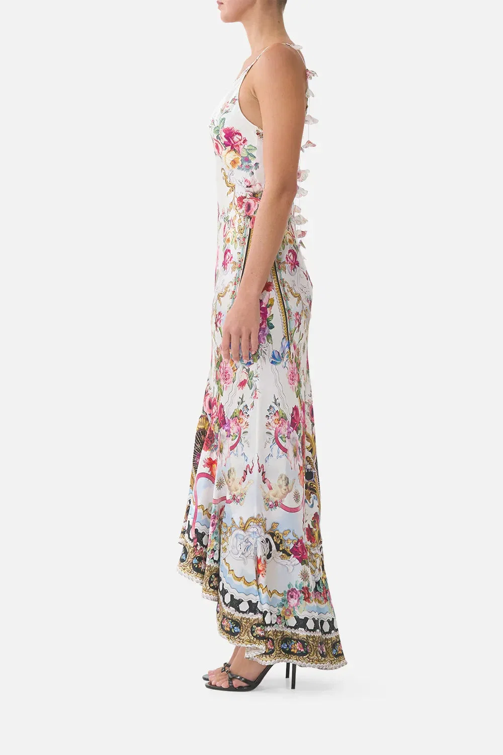 Camilla Torero Libertine Floral Flounce Hem Sleeveless Slip Silk Maxi Dress in White