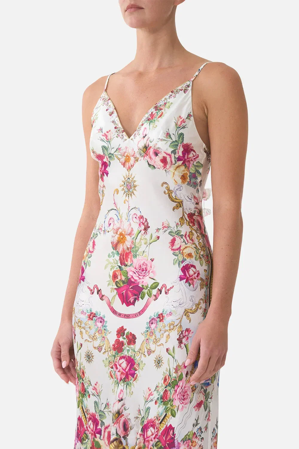 Camilla Torero Libertine Floral Flounce Hem Sleeveless Slip Silk Maxi Dress in White