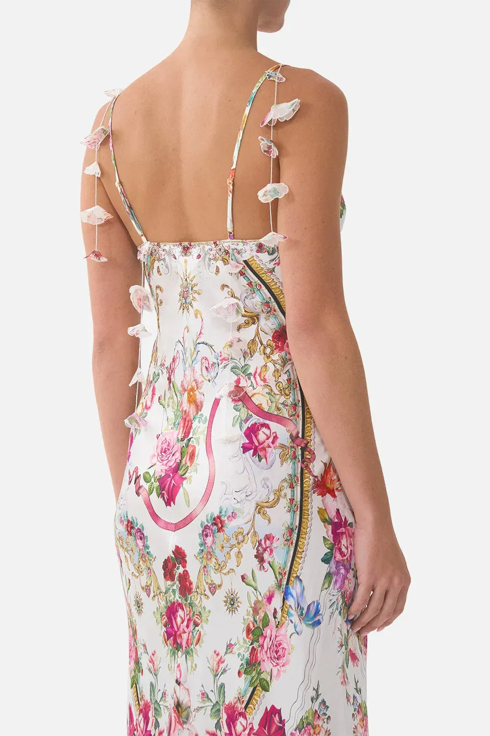 Camilla Torero Libertine Floral Flounce Hem Sleeveless Slip Silk Maxi Dress in White