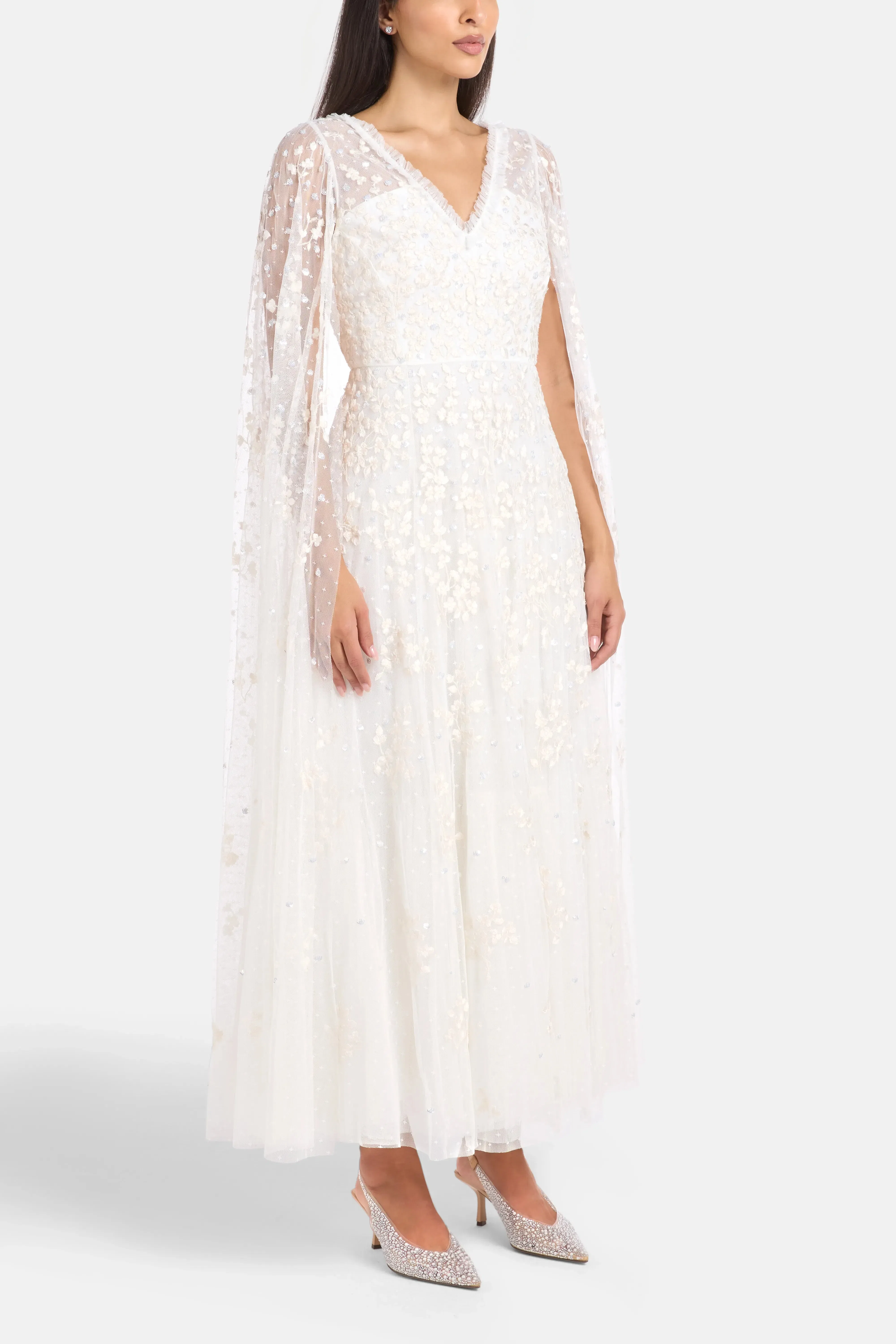 Needle & Thread Versailles Ditsy Cape Floral Sequins Evening Dress in White