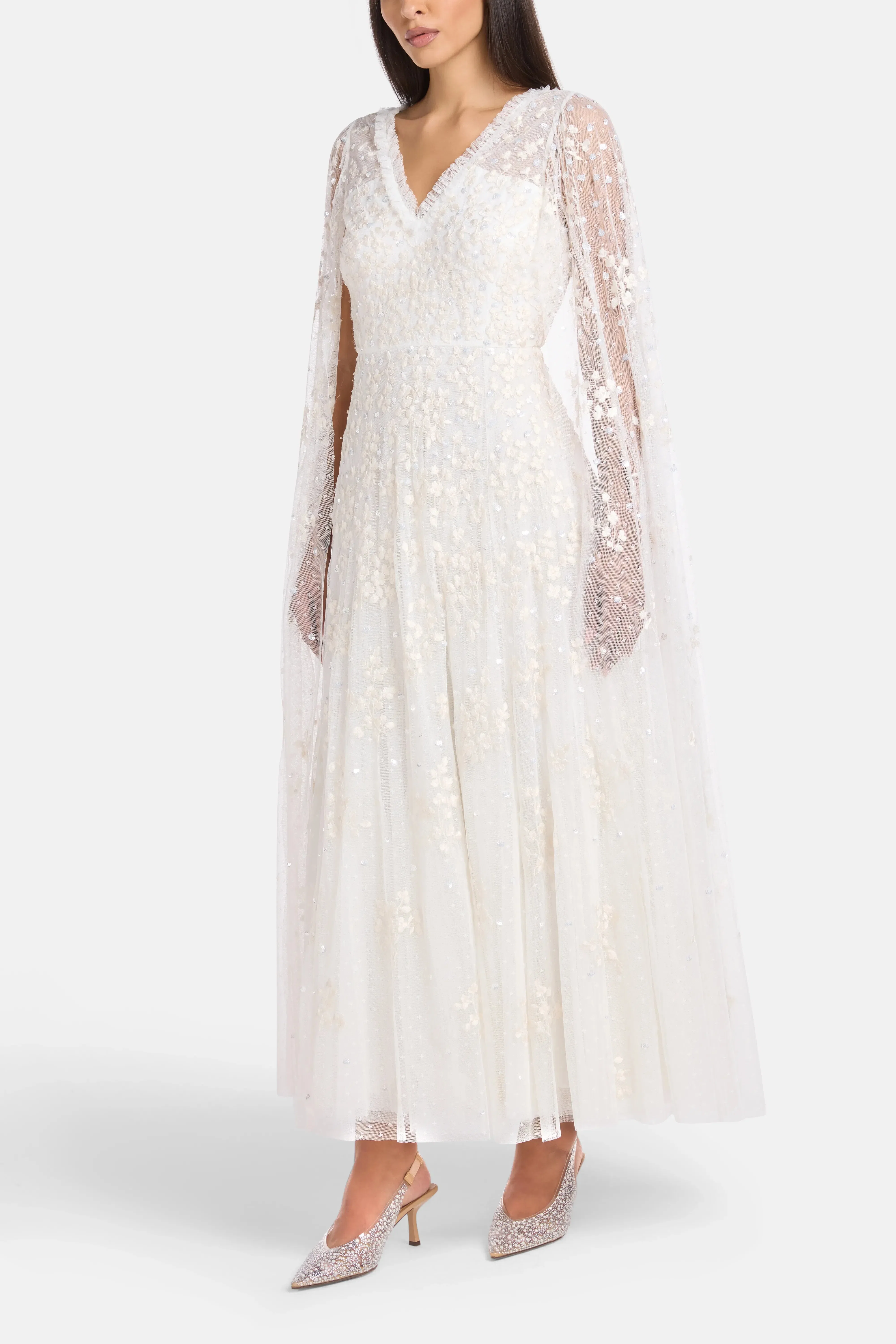 Needle & Thread Versailles Ditsy Cape Floral Sequins Evening Dress in White