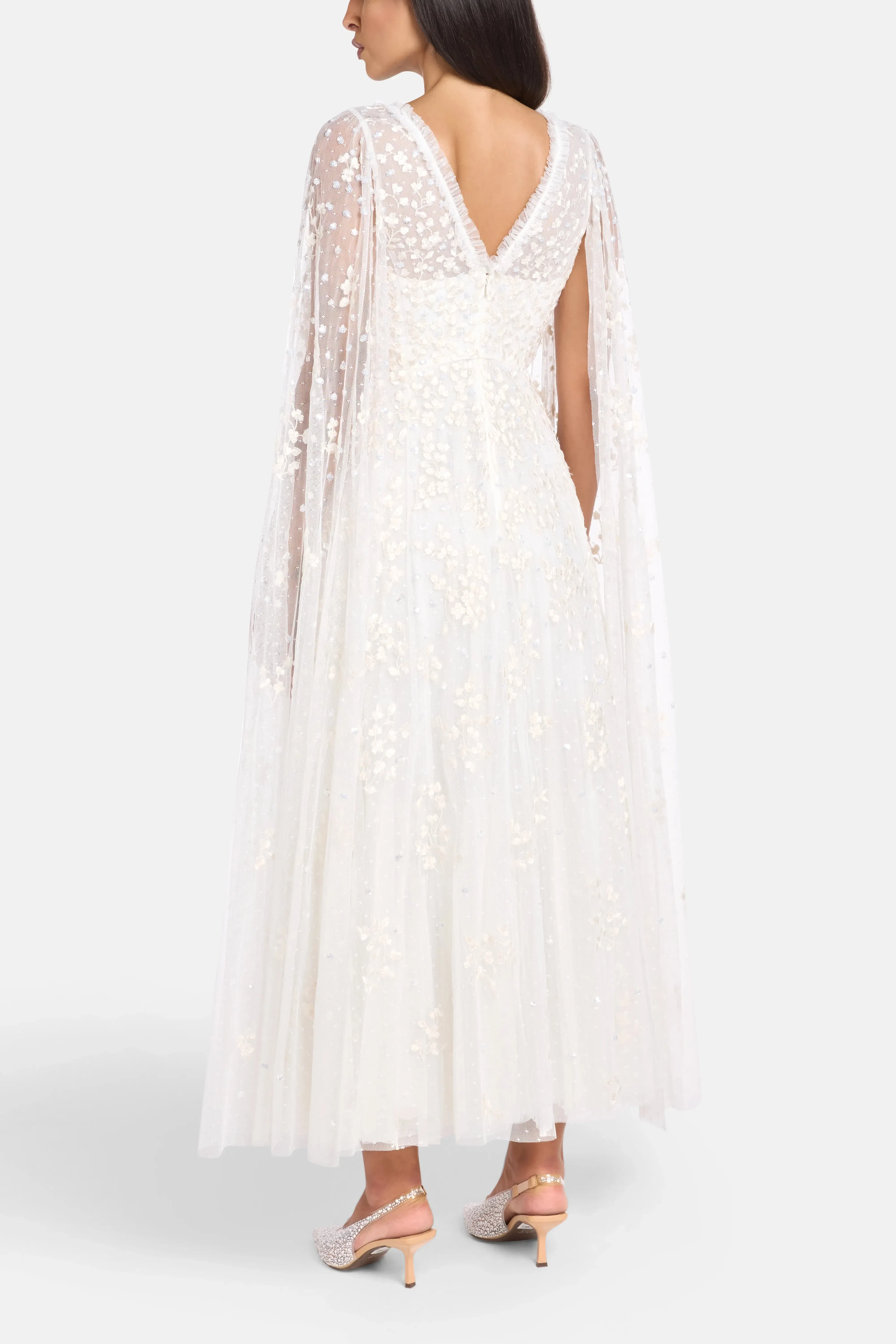Needle & Thread Versailles Ditsy Cape Floral Sequins Evening Dress in White