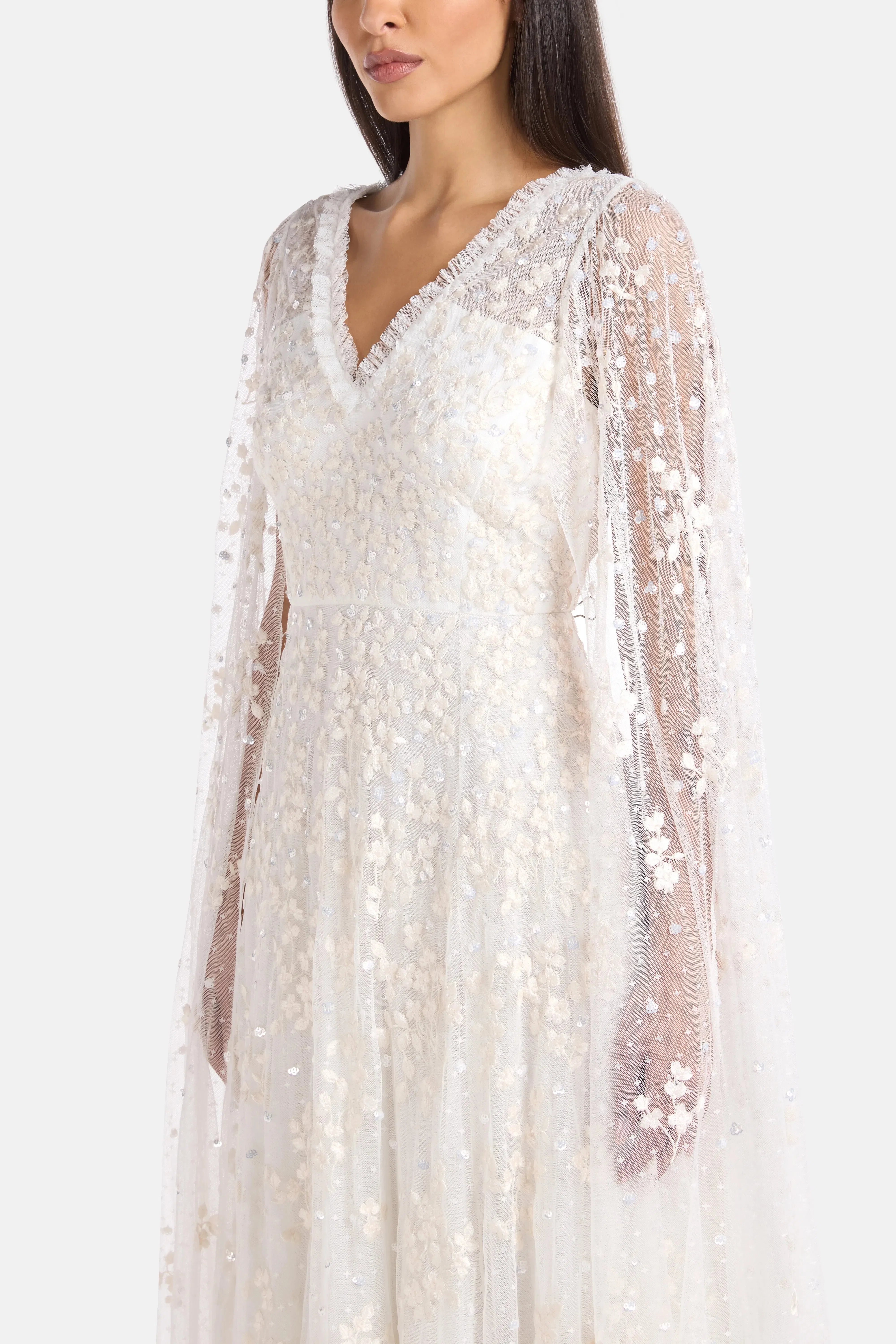 Needle & Thread Versailles Ditsy Cape Floral Sequins Evening Dress in White