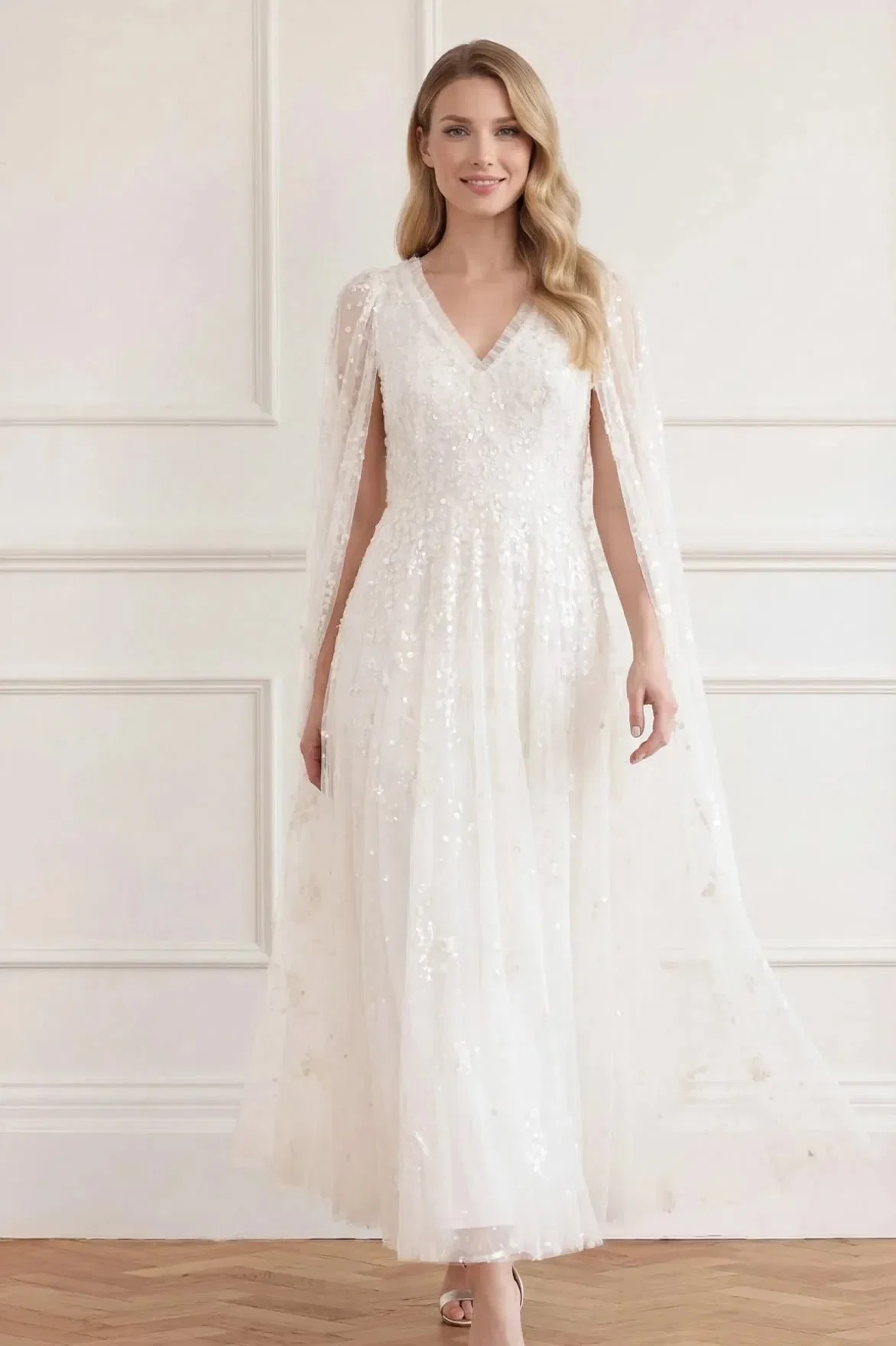 Needle & Thread Versailles Ditsy Cape Floral Sequins Evening Dress in White