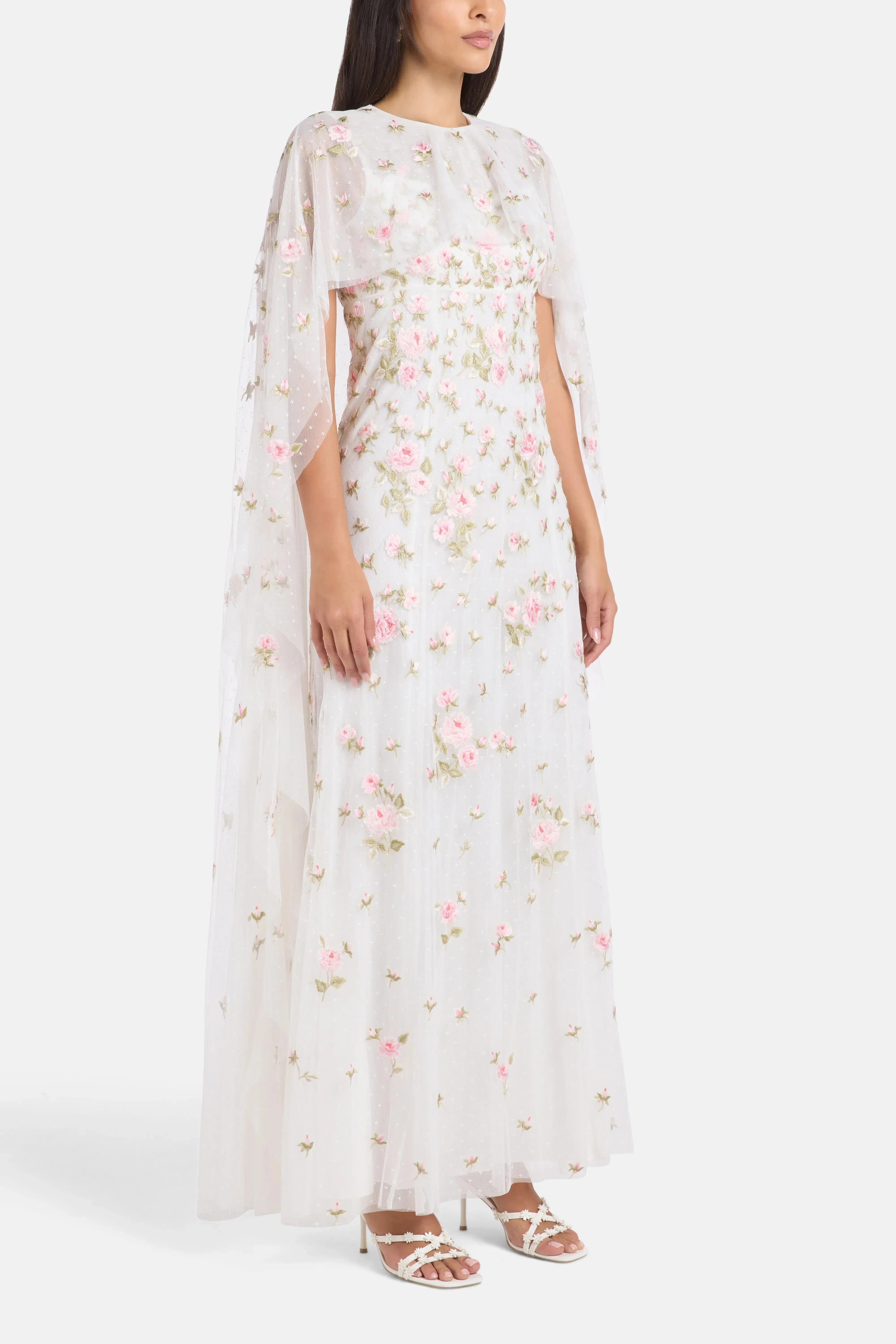 Needle & Thread Rose Bloom Cape Floral Evening Dress in White