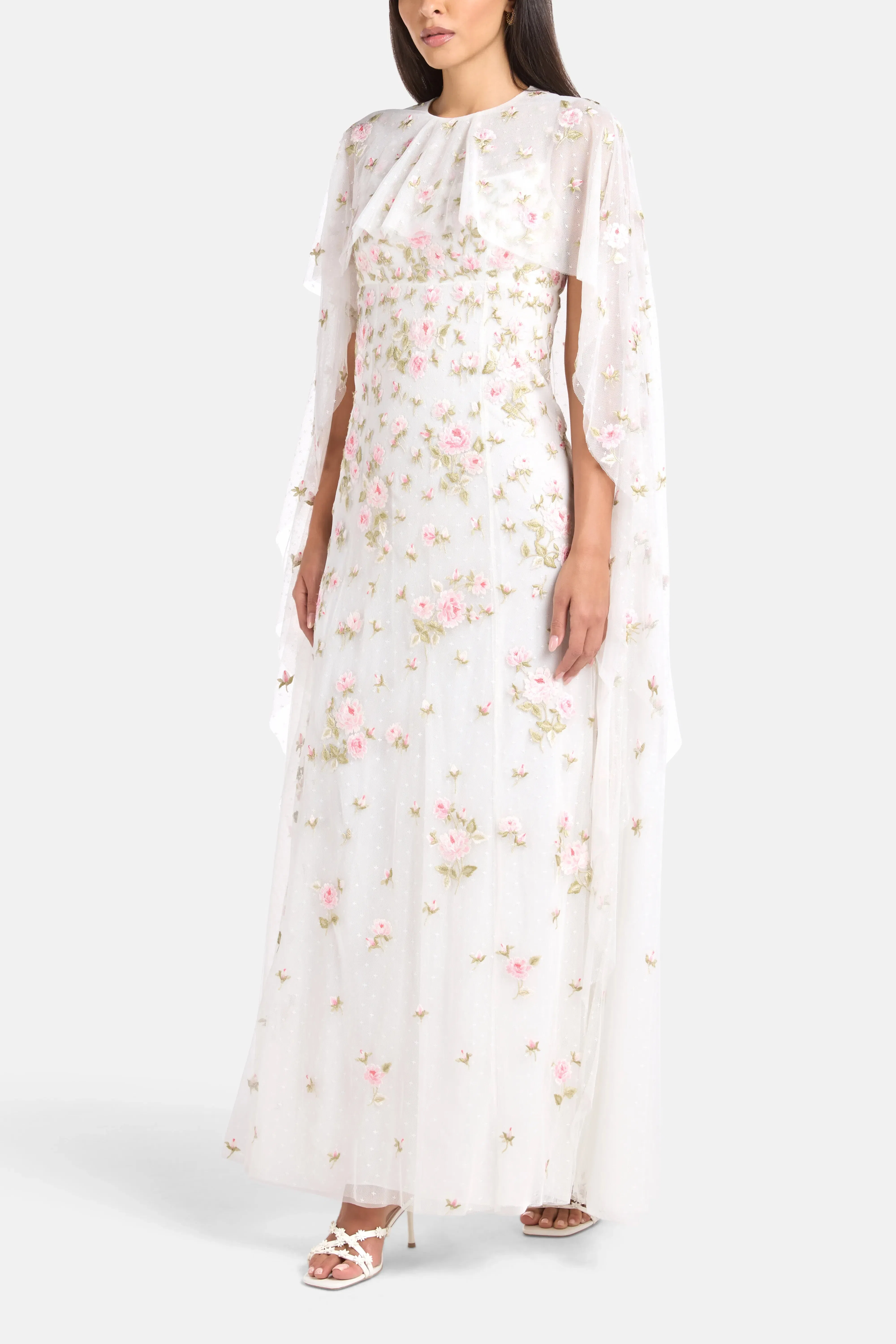 Needle & Thread Rose Bloom Cape Floral Evening Dress in White