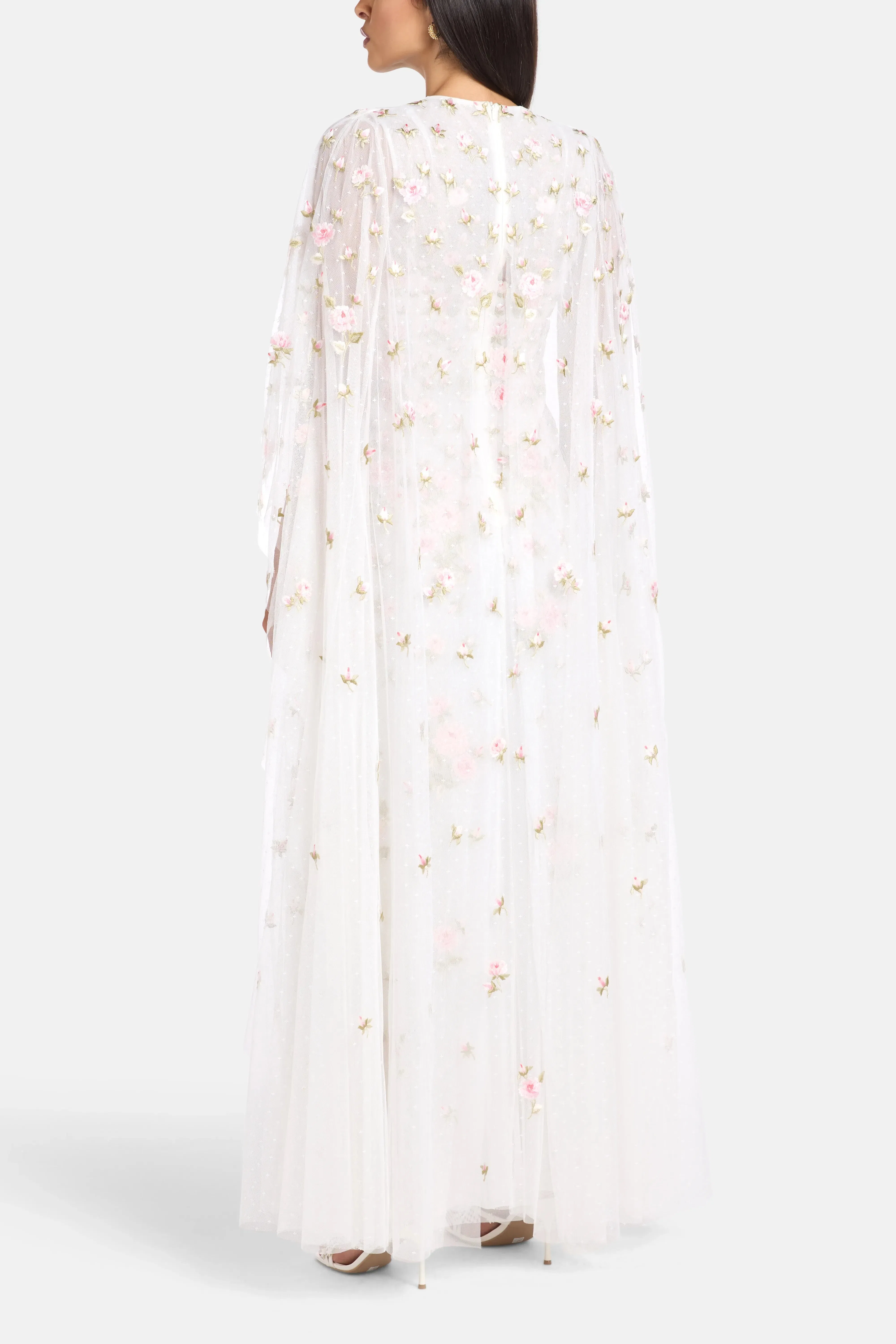 Needle & Thread Rose Bloom Cape Floral Evening Dress in White