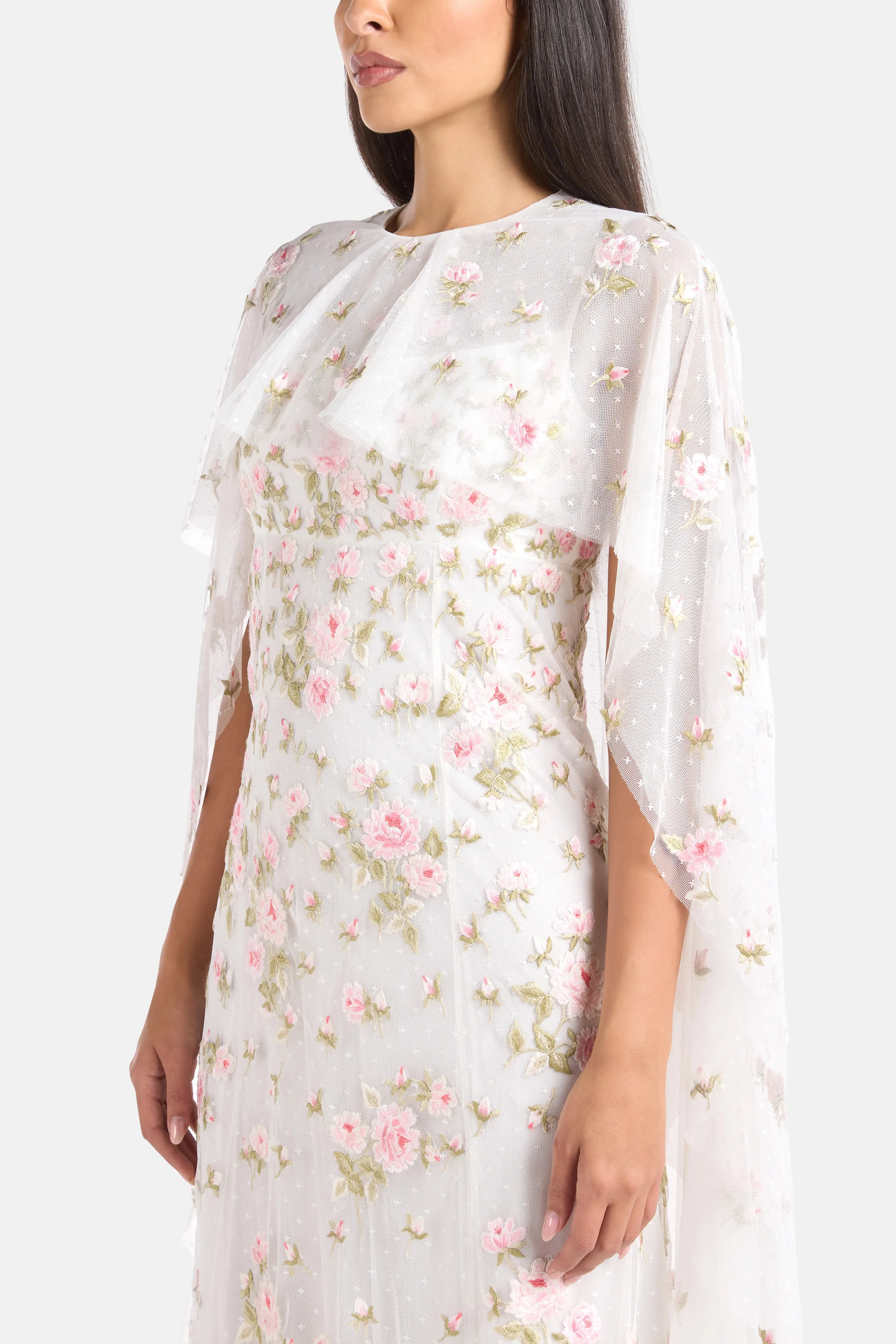 Needle & Thread Rose Bloom Cape Floral Evening Dress in White