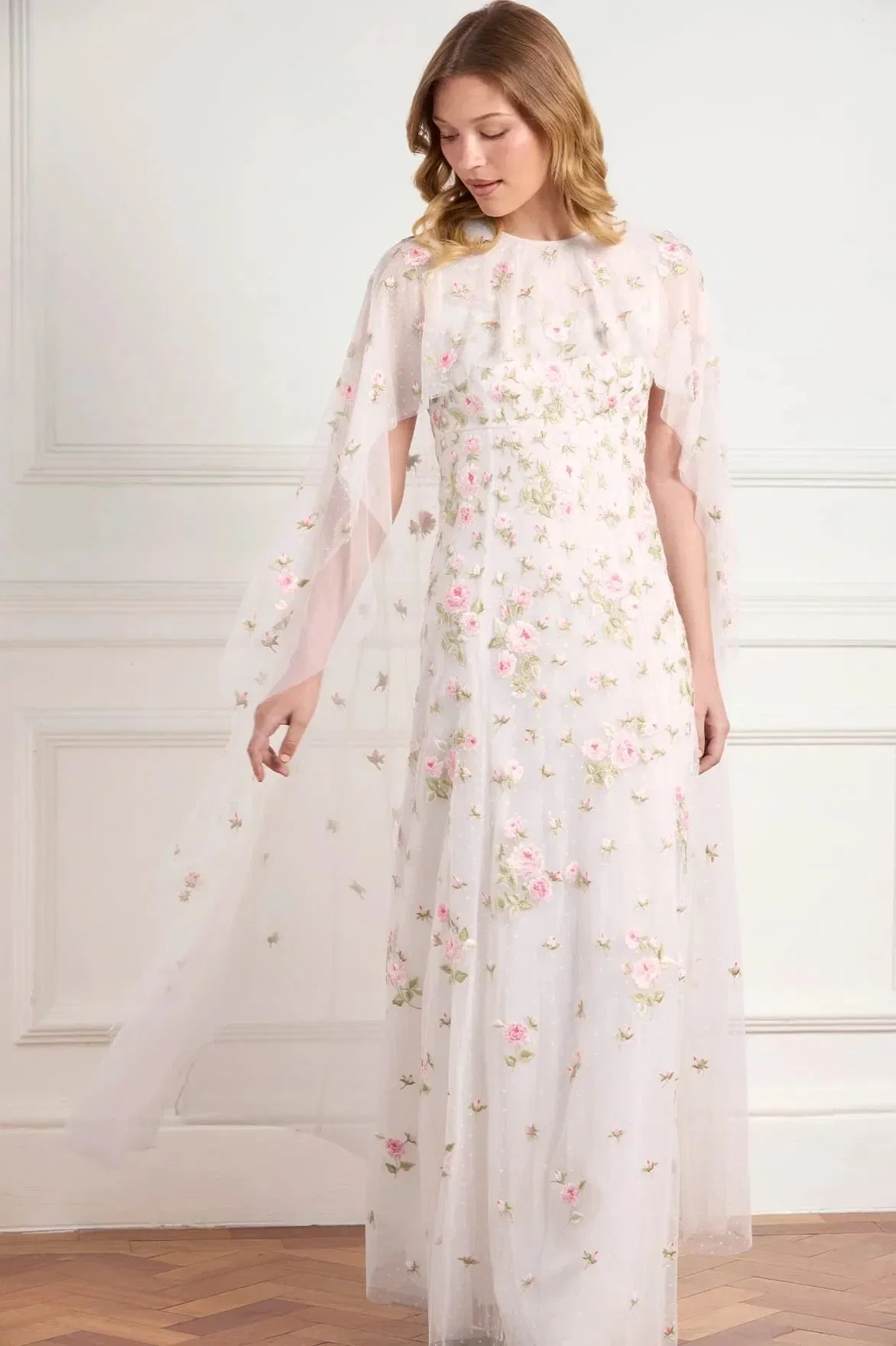 Needle & Thread Rose Bloom Cape Floral Evening Dress in White