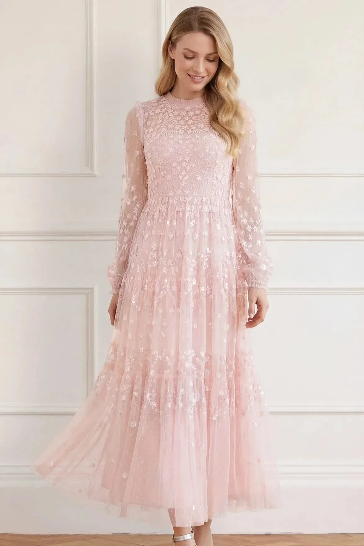 Needle & Thread Clover Floral Sequins Evening Dress in Pink