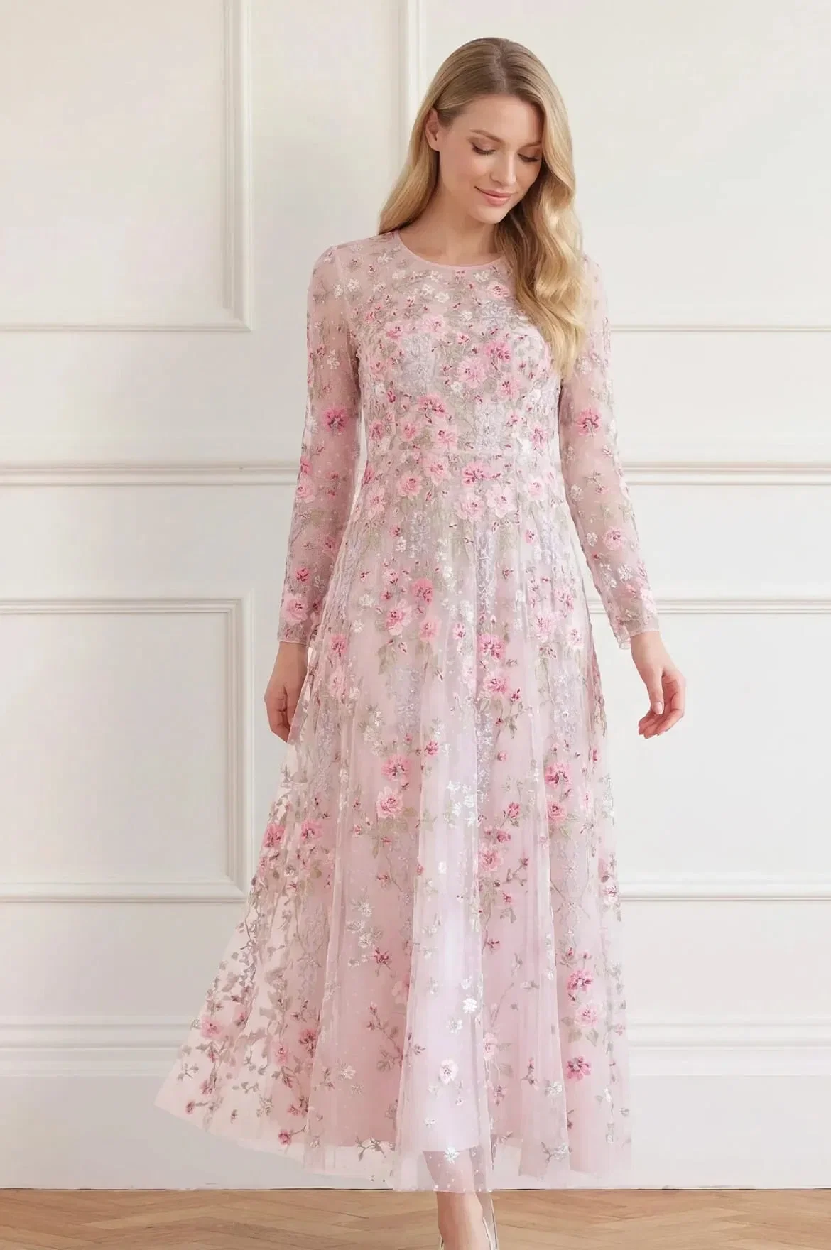 Needle & Thread Garden Rose Floral Evening Dress in Pink