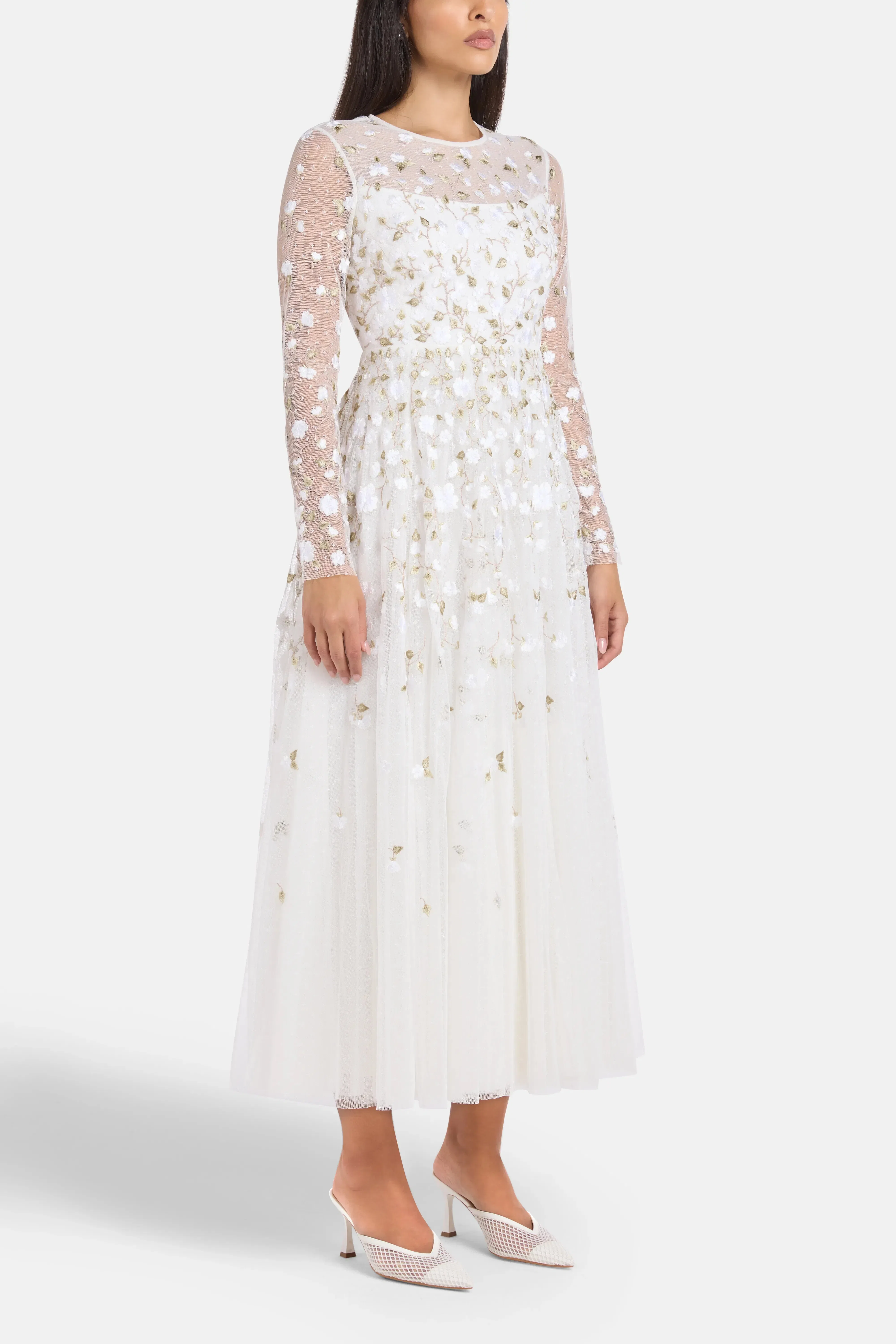 Needle & Thread Trailing Roses Floral Evening Dress in White