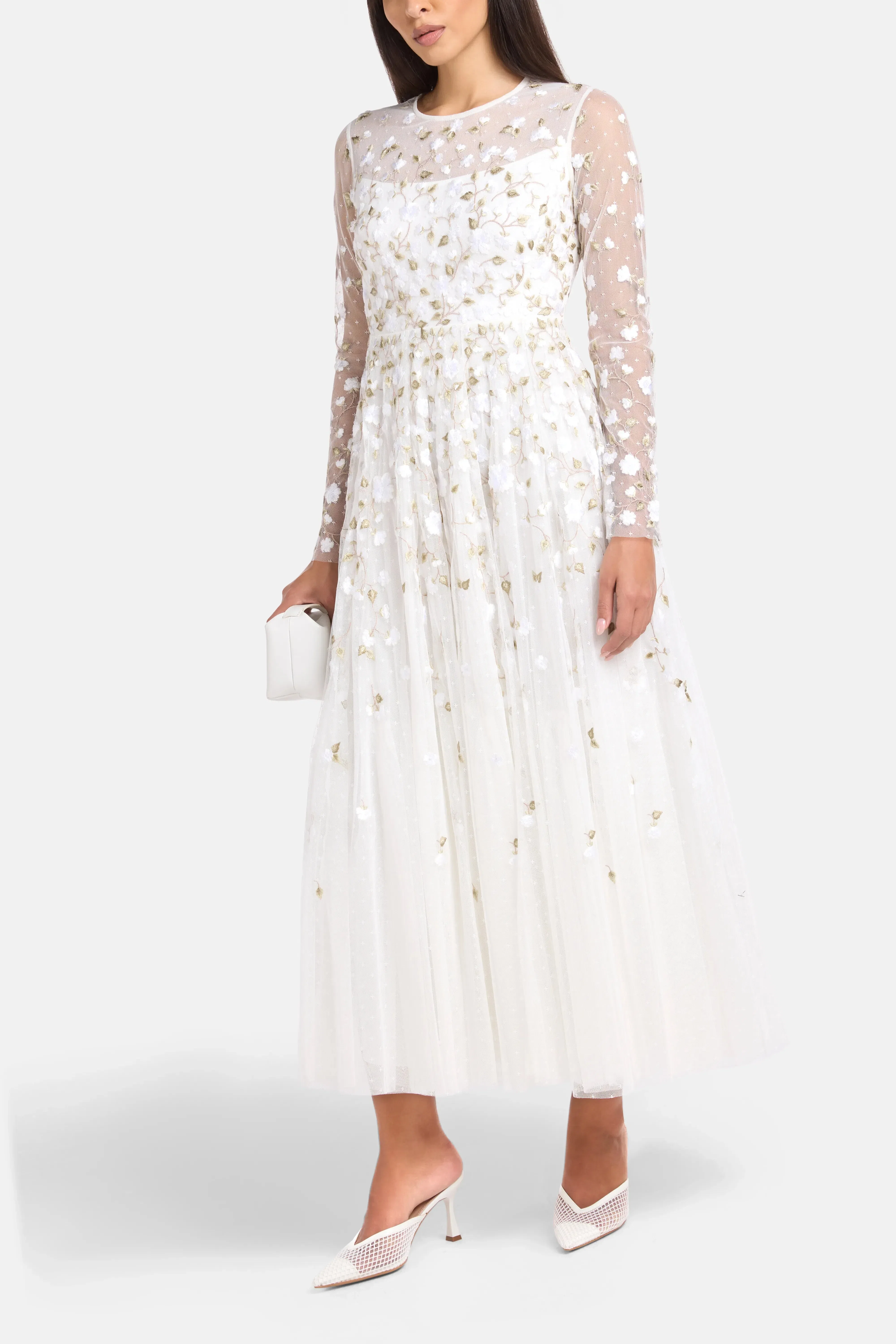 Needle & Thread Trailing Roses Floral Evening Dress in White
