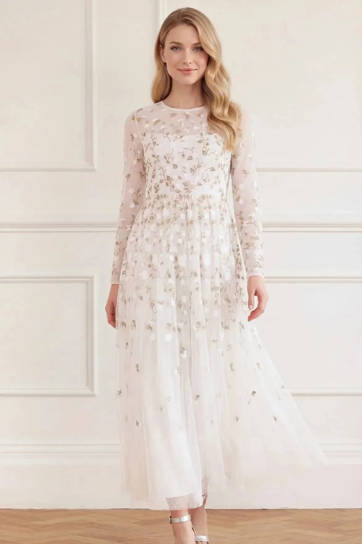 Needle & Thread Trailing Roses Floral Evening Dress in White