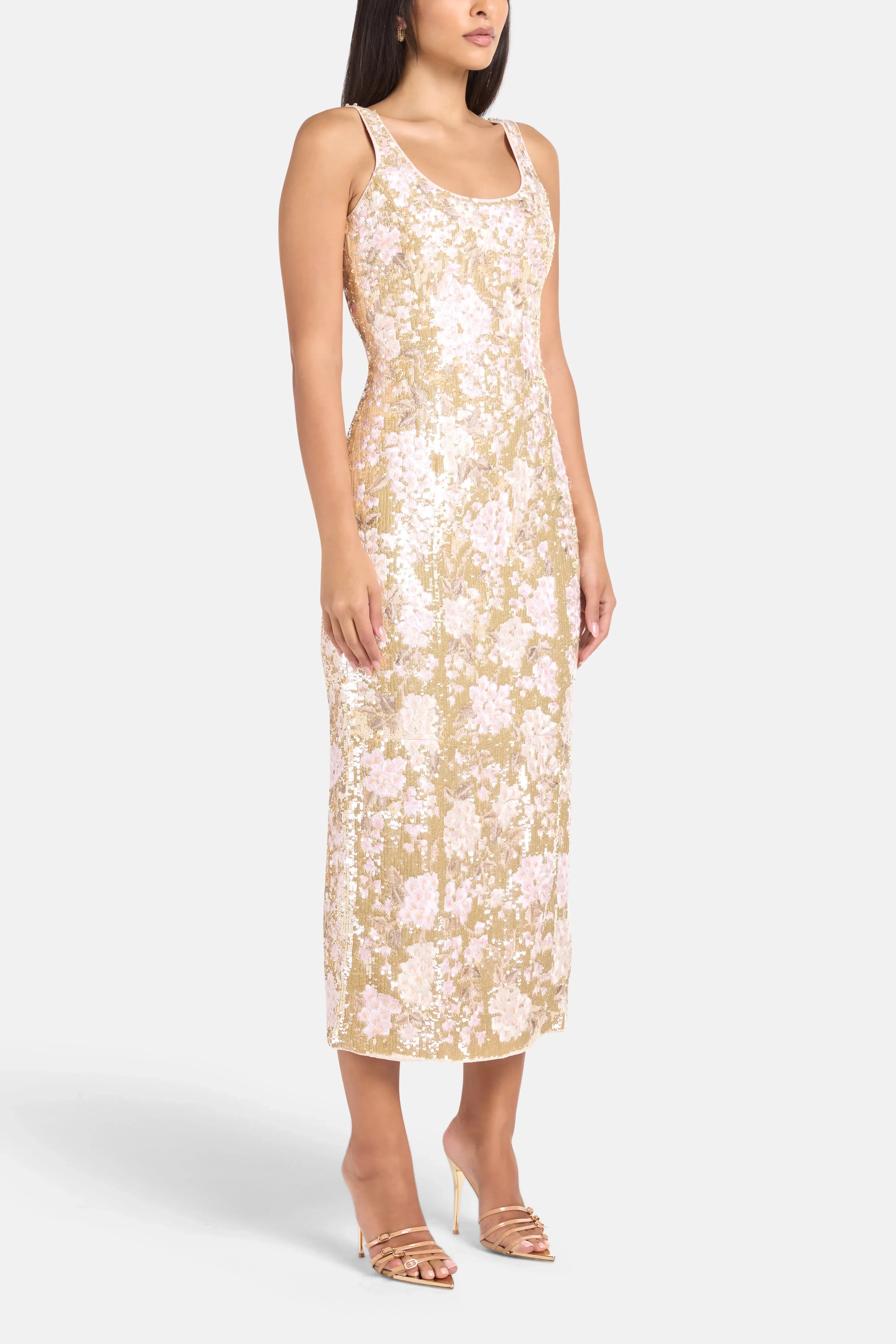 Needle & Thread Wisteria Shimmer Georgette Sleeveless Floral Sequins Evening Dress in Gold