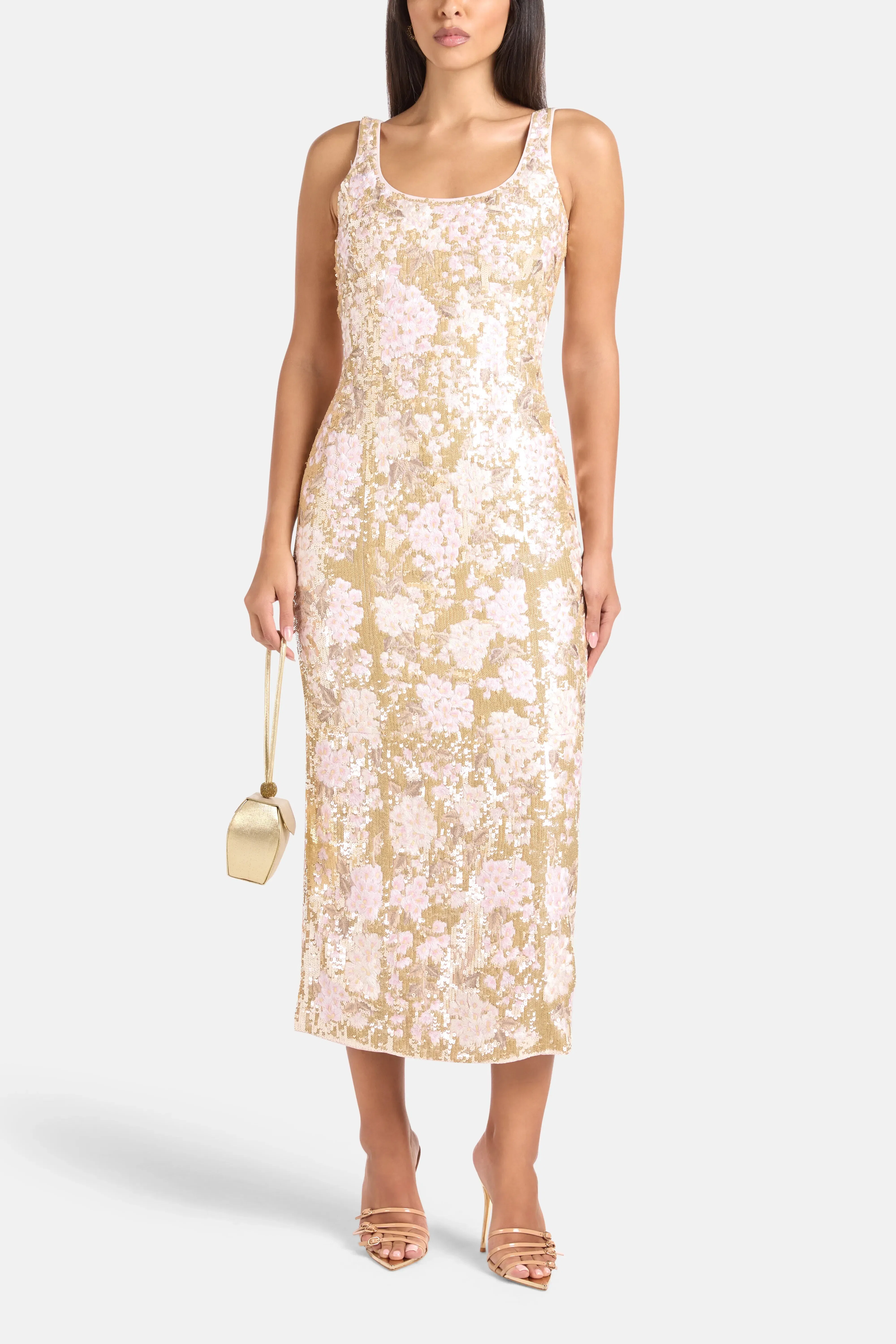 Needle & Thread Wisteria Shimmer Georgette Sleeveless Floral Sequins Evening Dress in Gold