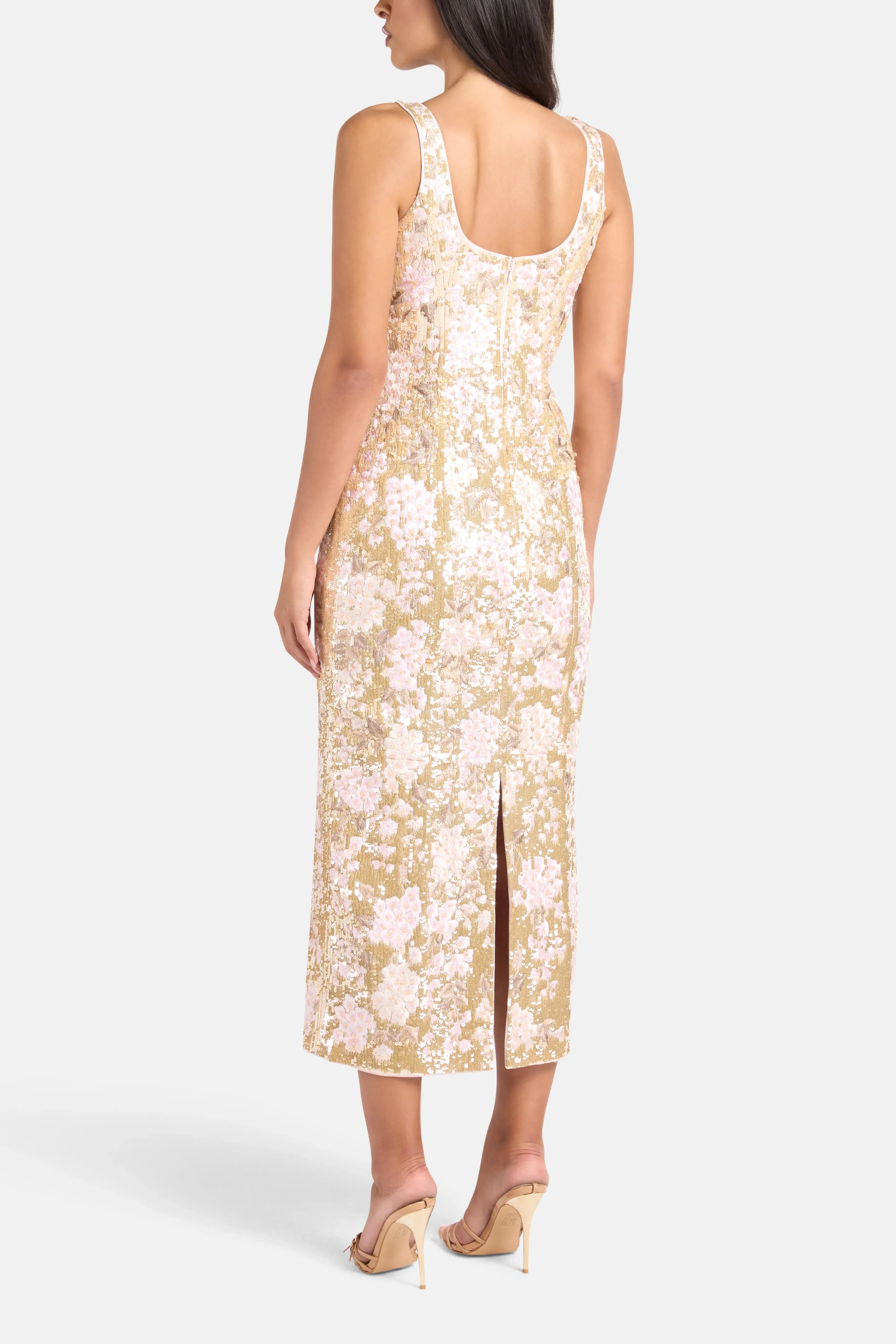 Needle & Thread Wisteria Shimmer Georgette Sleeveless Floral Sequins Evening Dress in Gold