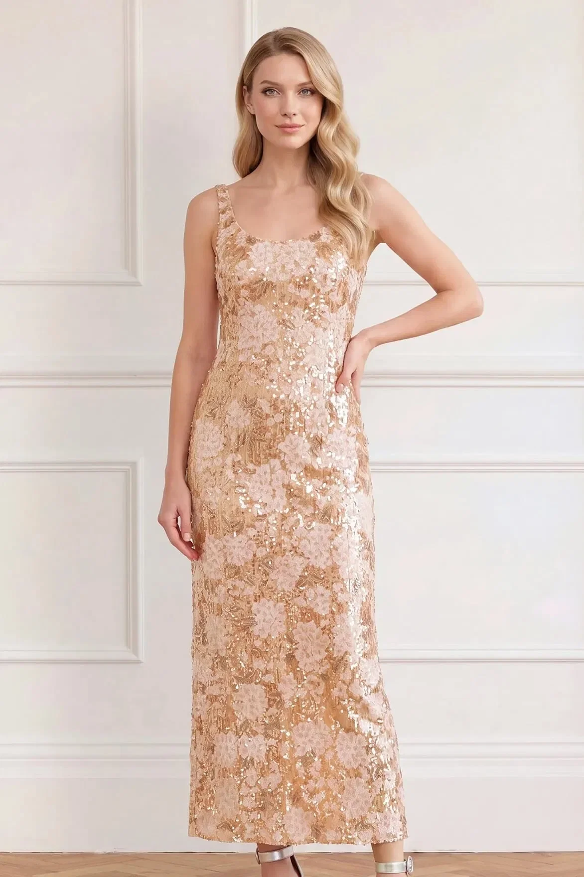 Needle & Thread Wisteria Shimmer Georgette Sleeveless Floral Sequins Evening Dress in Gold