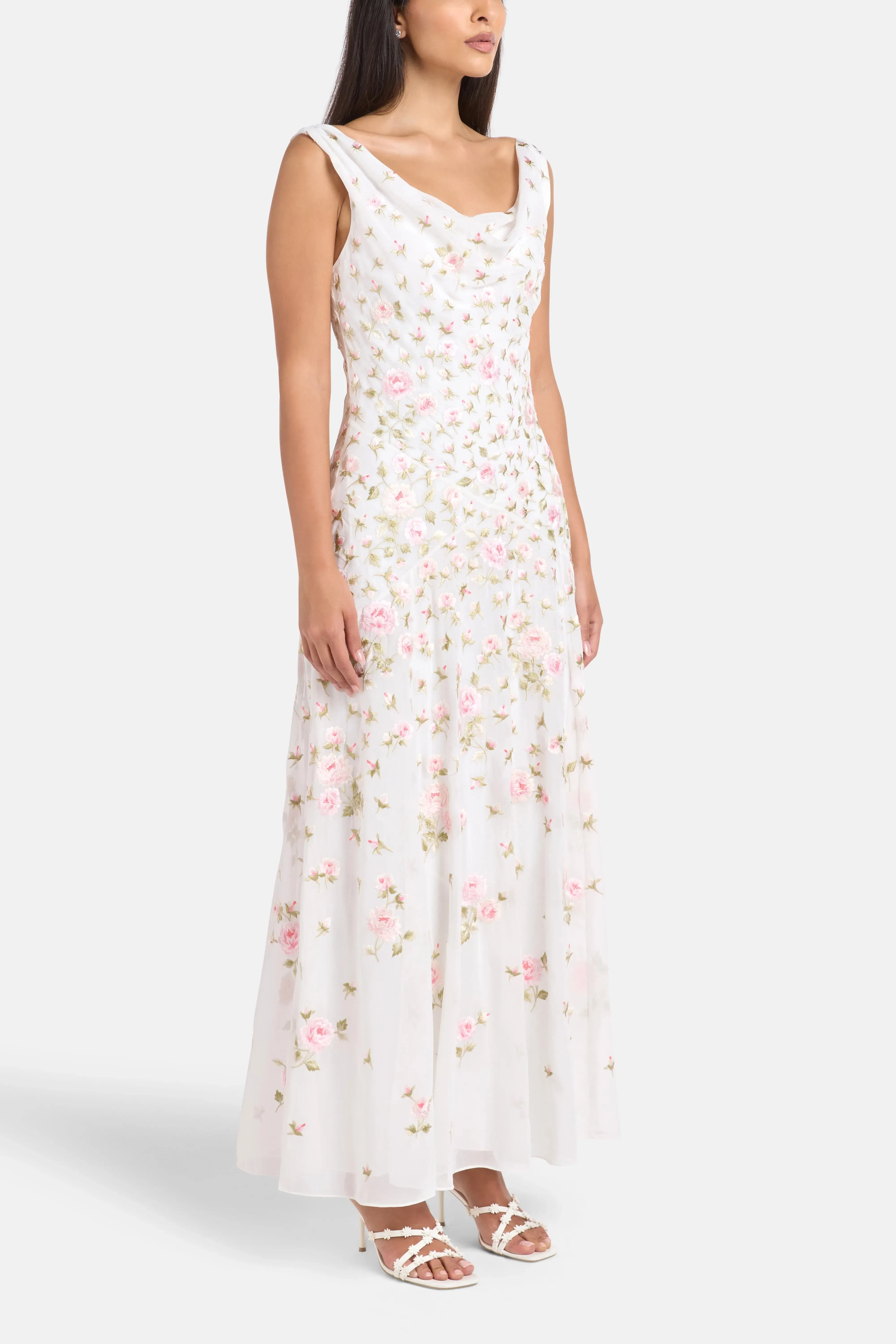 Needle & Thread Rose Bloom Georgette Sleeveless Floral Evening Dress in White