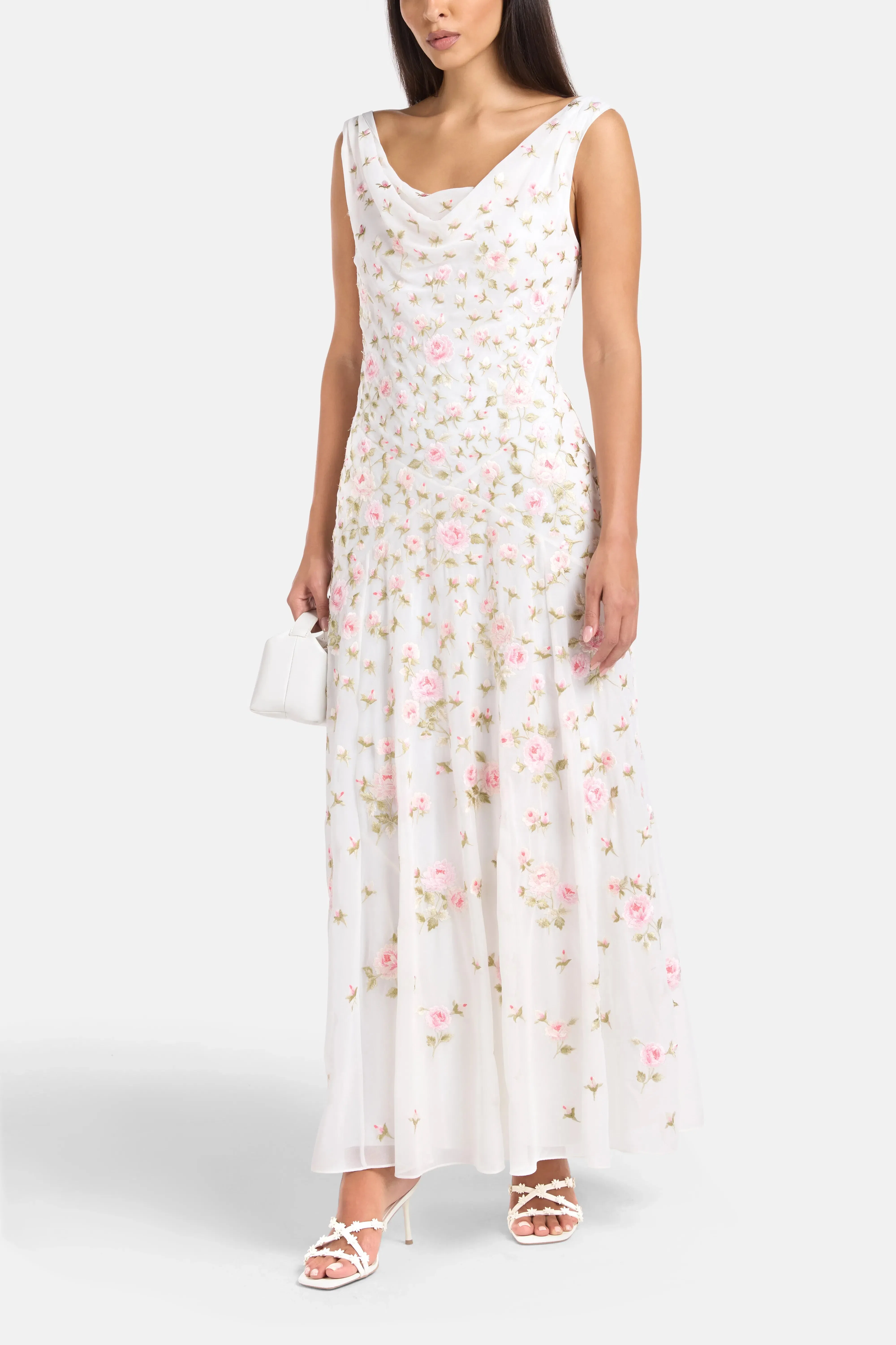 Needle & Thread Rose Bloom Georgette Sleeveless Floral Evening Dress in White