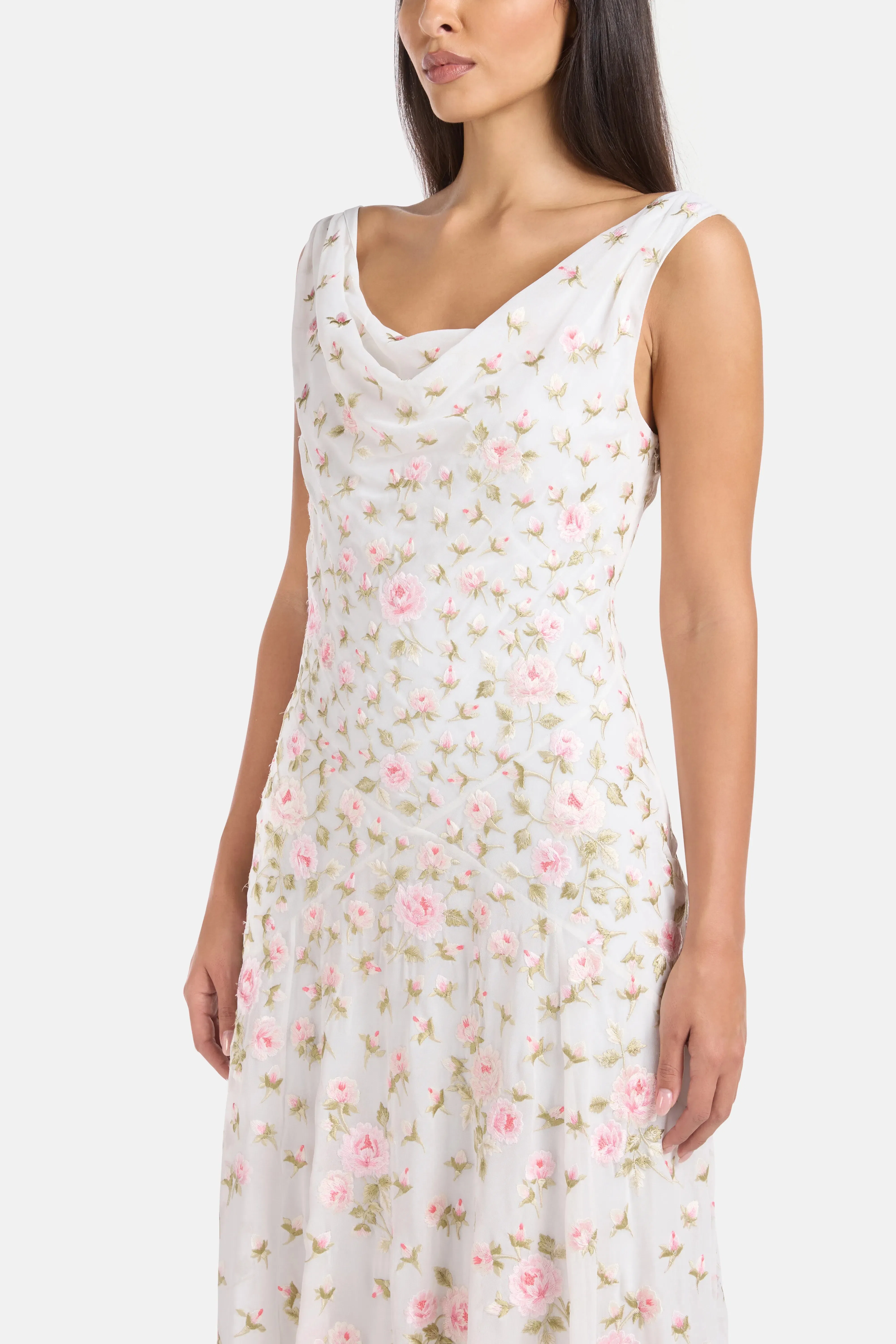 Needle & Thread Rose Bloom Georgette Sleeveless Floral Evening Dress in White