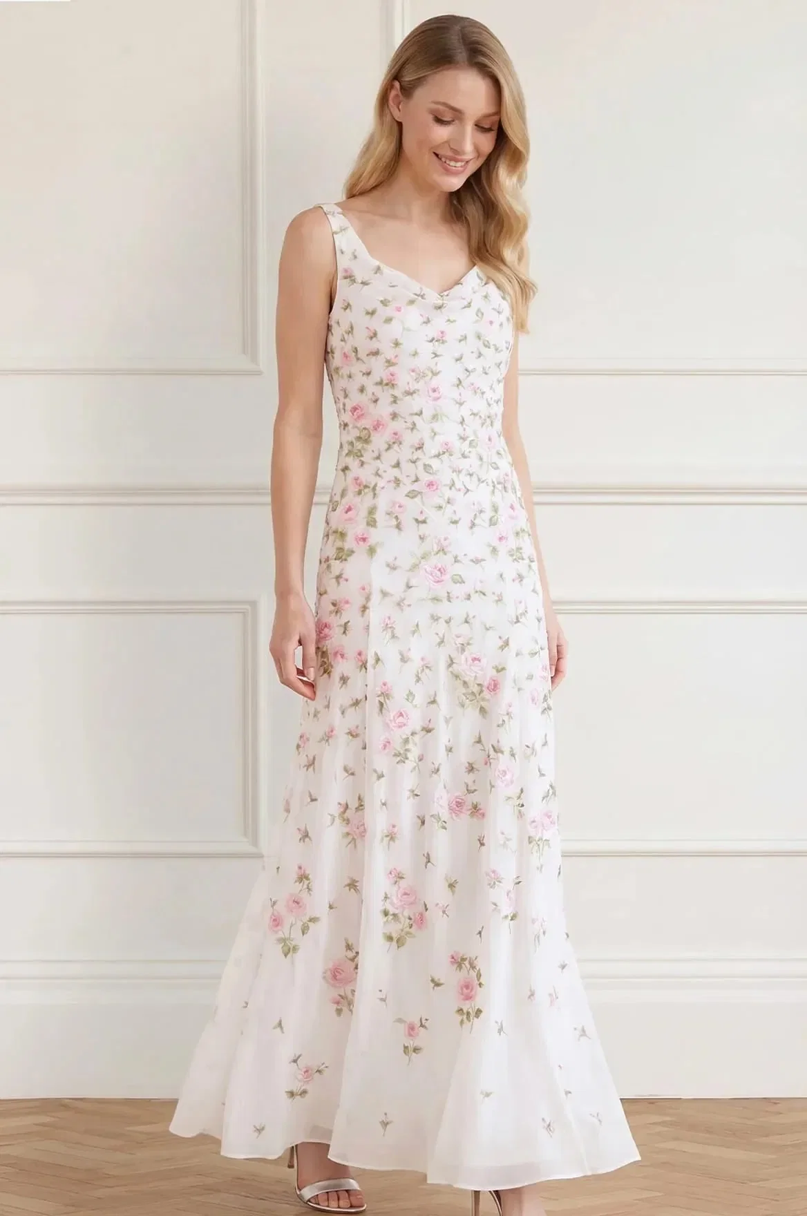 Needle & Thread Rose Bloom Georgette Sleeveless Floral Evening Dress in White