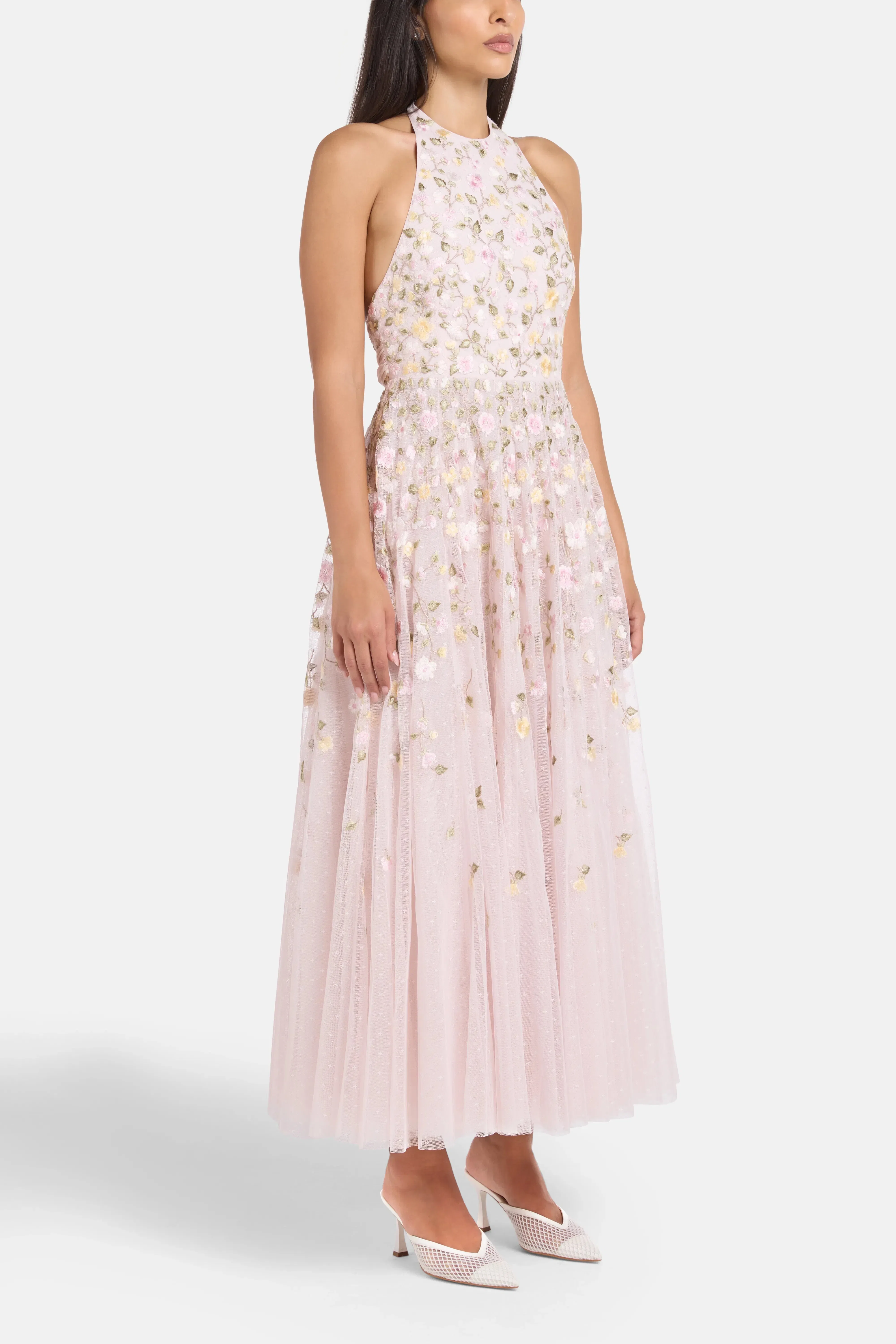 Needle & Thread Trailing Roses Halter Neck Sleeveless Floral Evening Dress in Pink