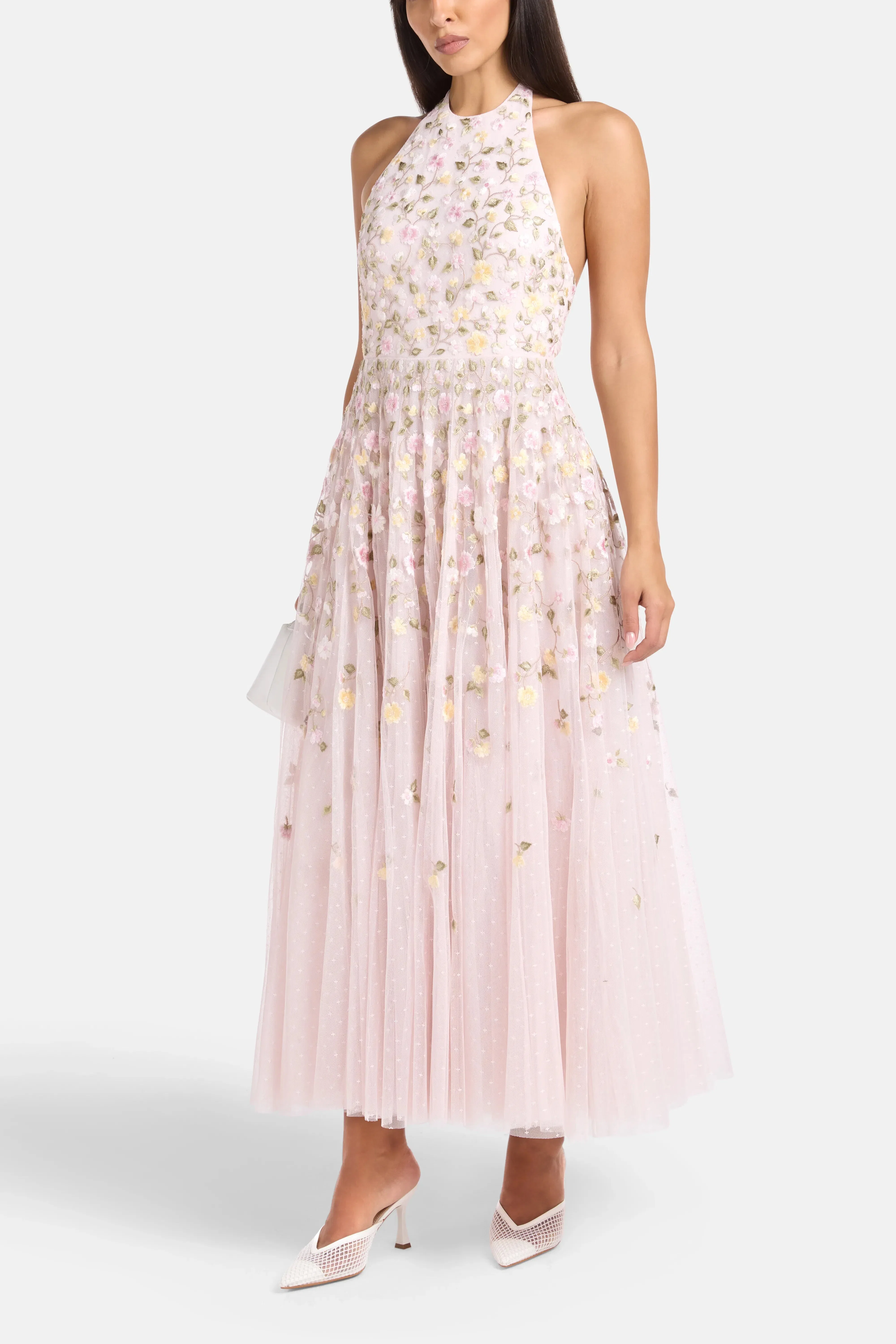 Needle & Thread Trailing Roses Halter Neck Sleeveless Floral Evening Dress in Pink