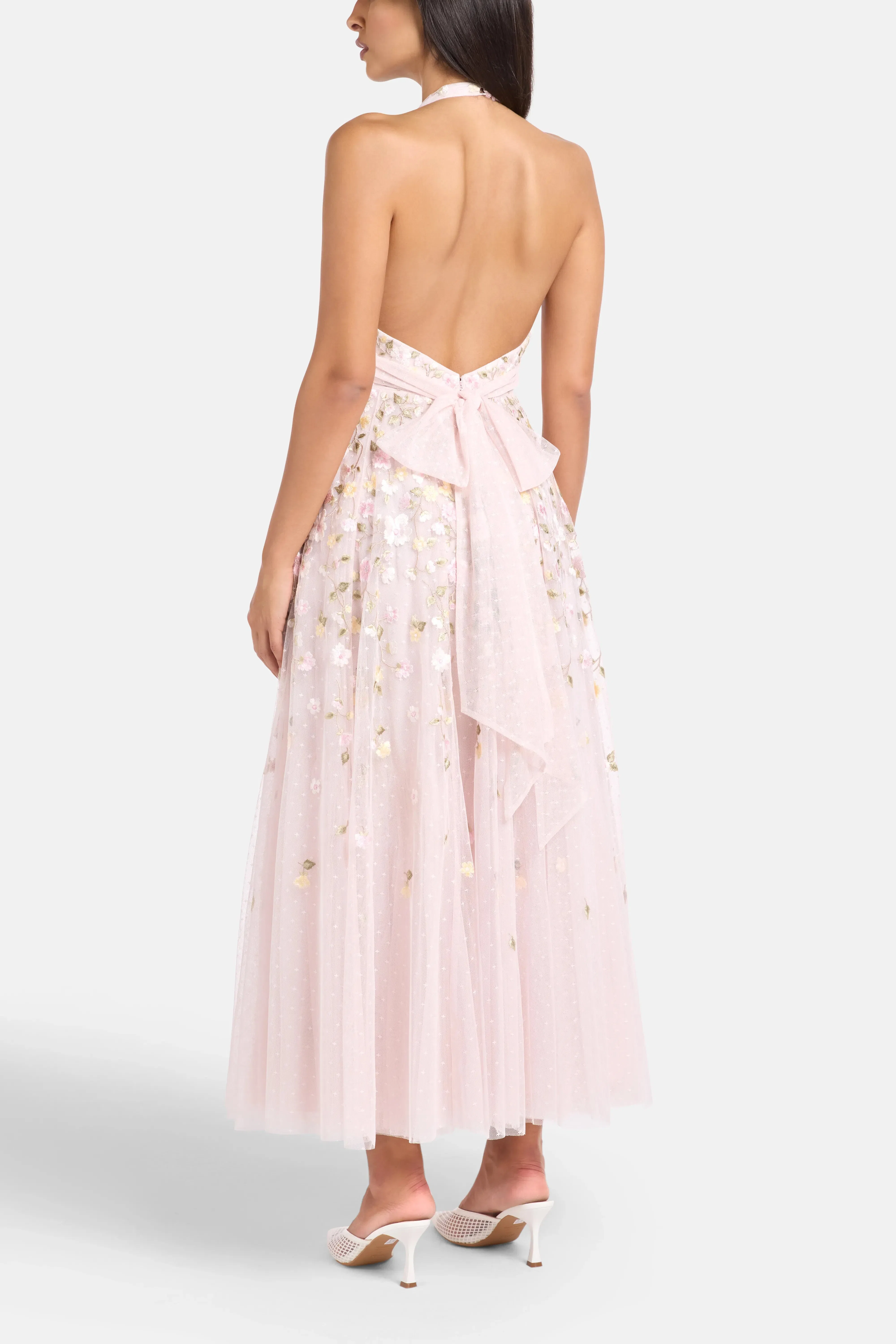 Needle & Thread Trailing Roses Halter Neck Sleeveless Floral Evening Dress in Pink