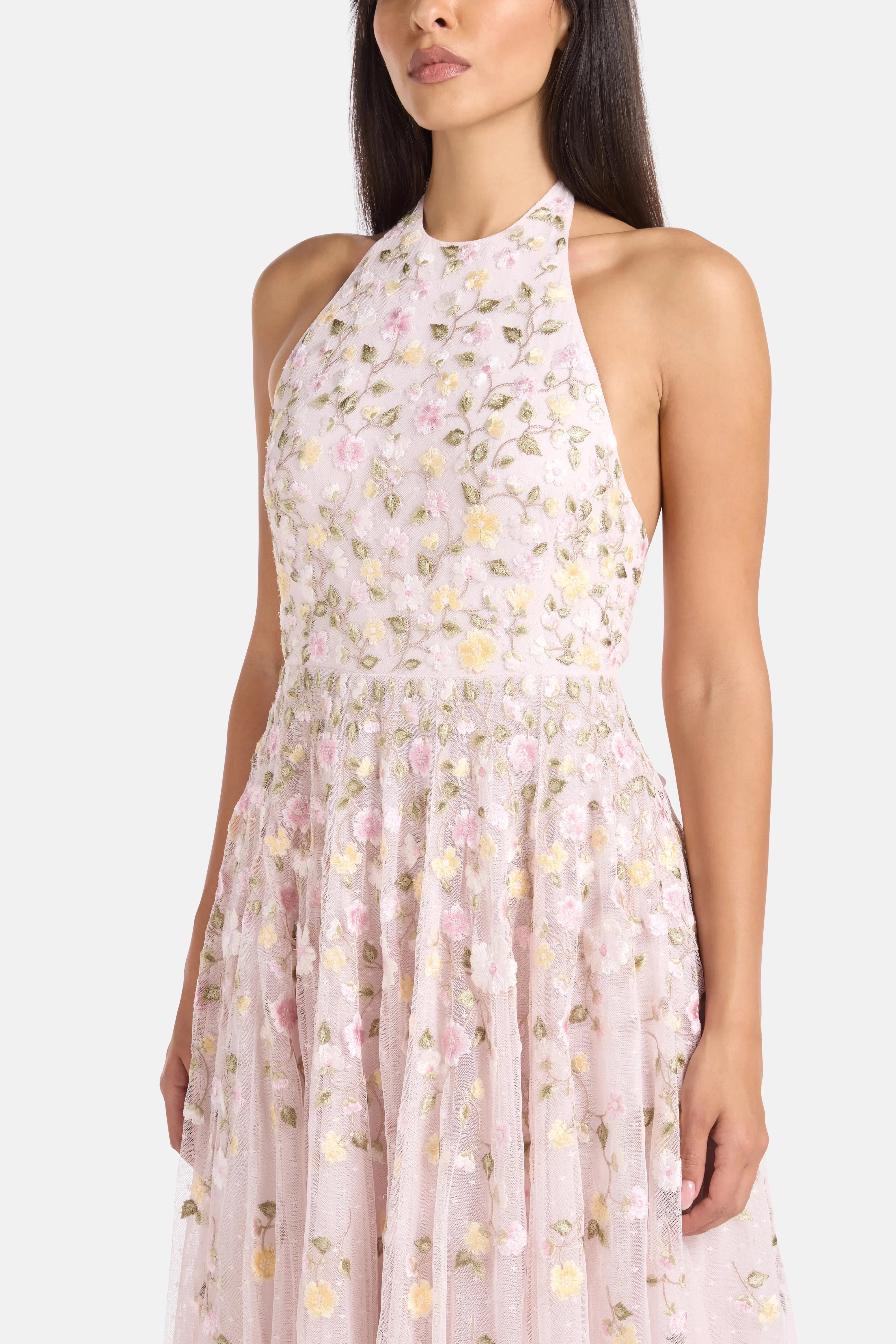 Needle & Thread Trailing Roses Halter Neck Sleeveless Floral Evening Dress in Pink