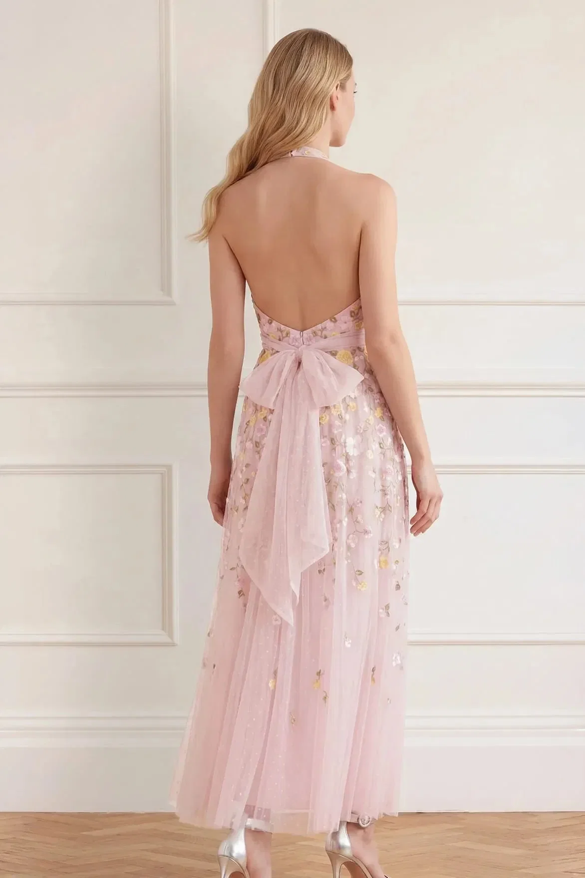 Needle & Thread Trailing Roses Halter Neck Sleeveless Floral Evening Dress in Pink