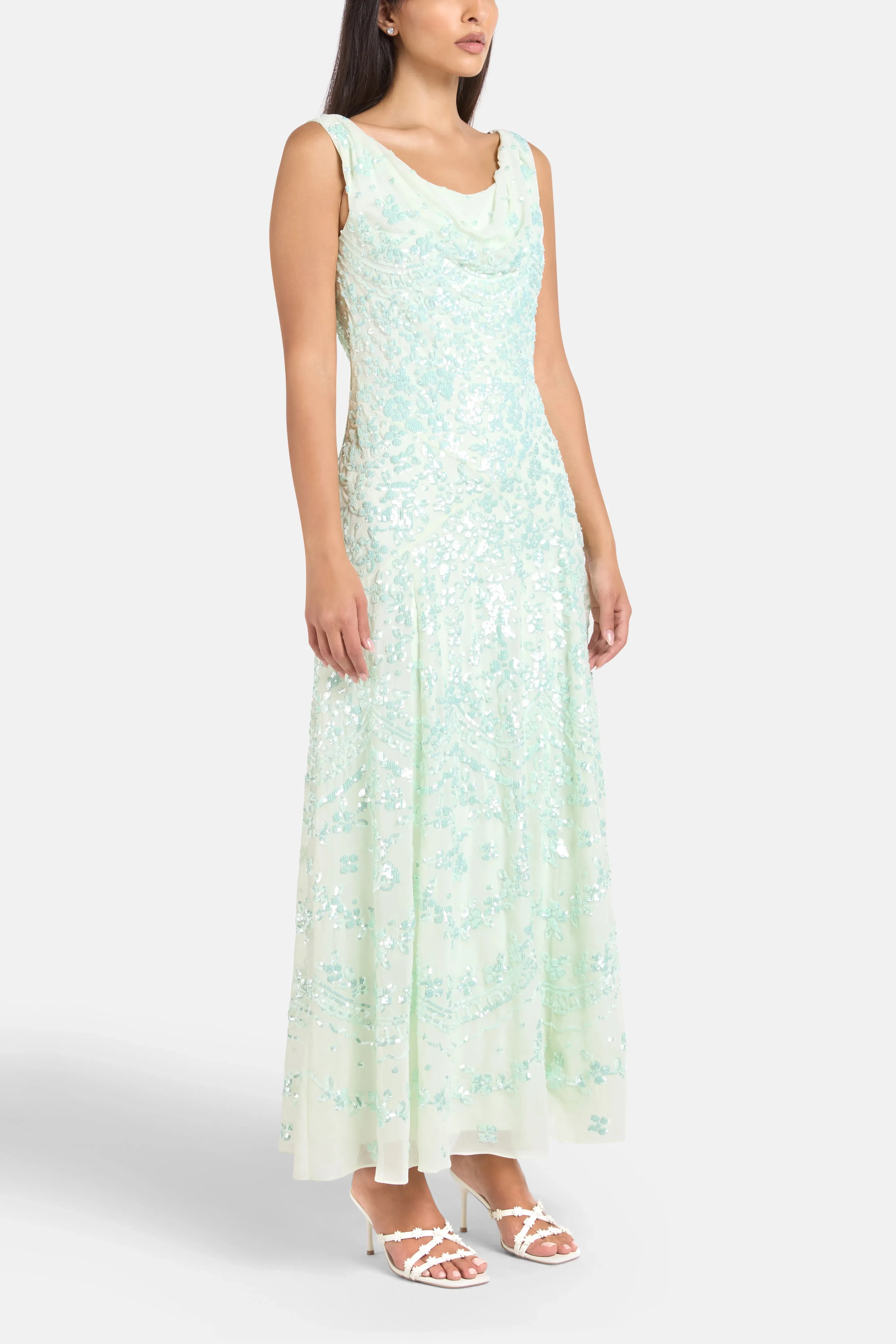 Needle & Thread Freya Georgette Sleeveless Floral Sequins Evening Dress in Green