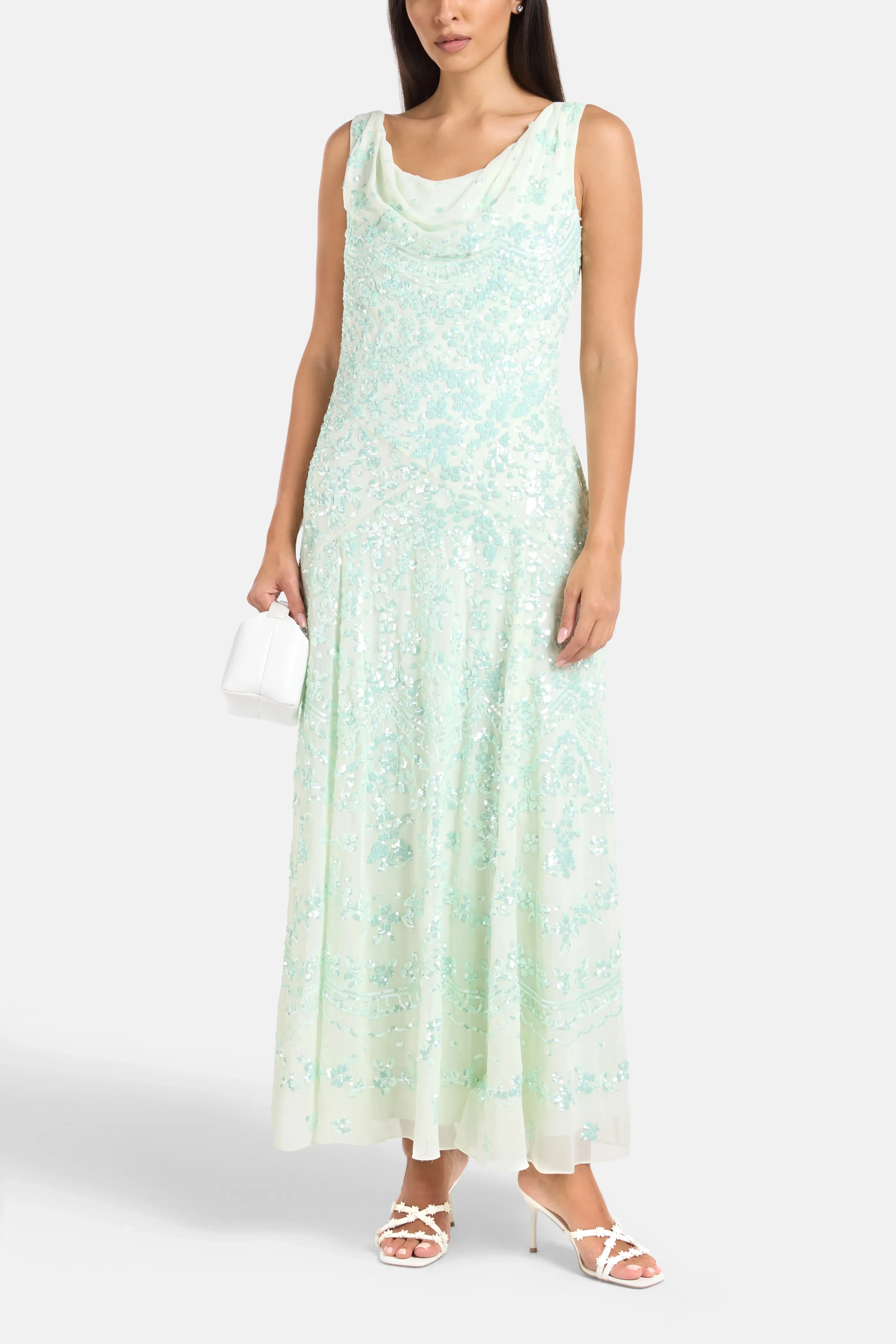 Needle & Thread Freya Georgette Sleeveless Floral Sequins Evening Dress in Green