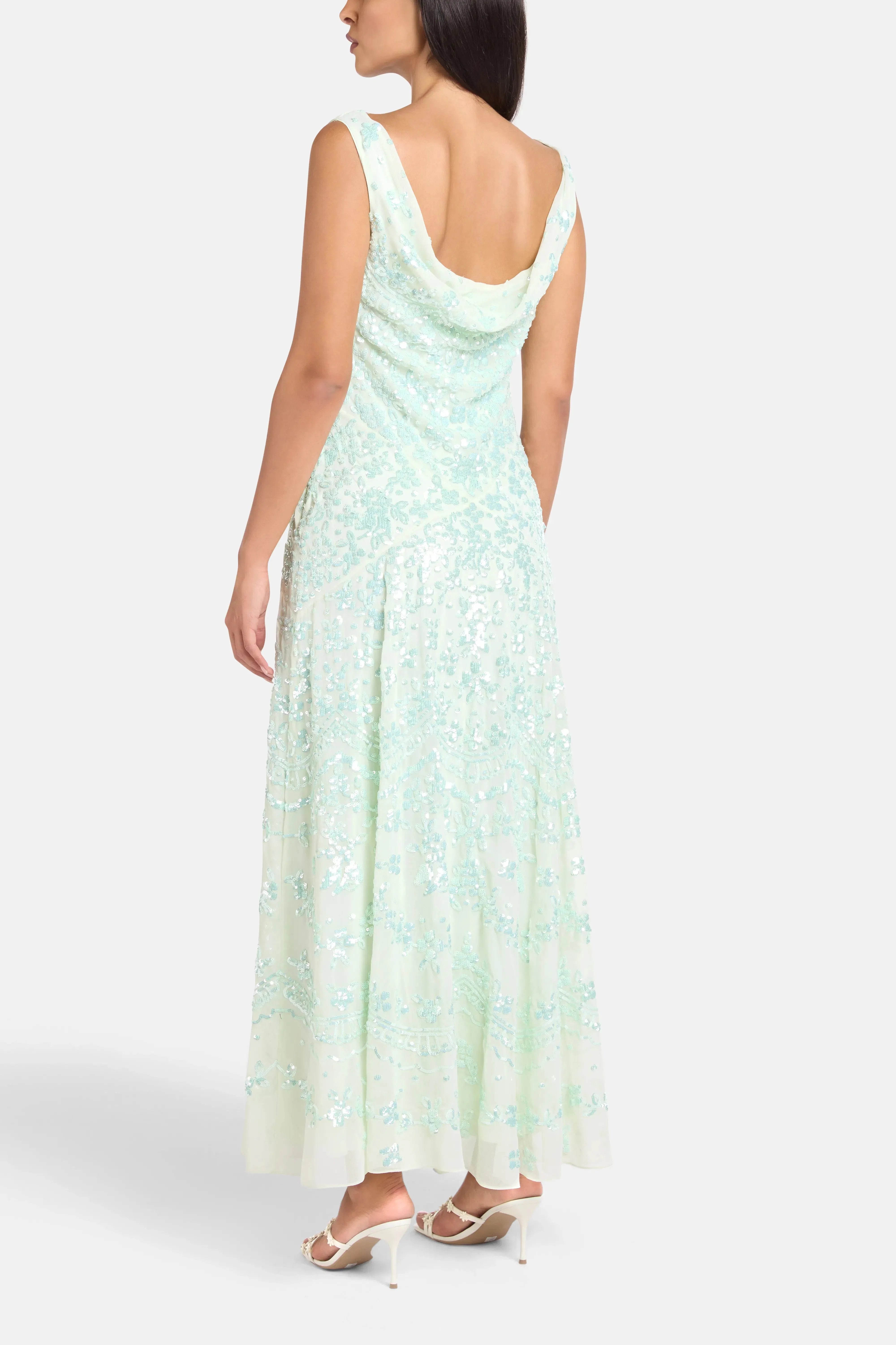 Needle & Thread Freya Georgette Sleeveless Floral Sequins Evening Dress in Green