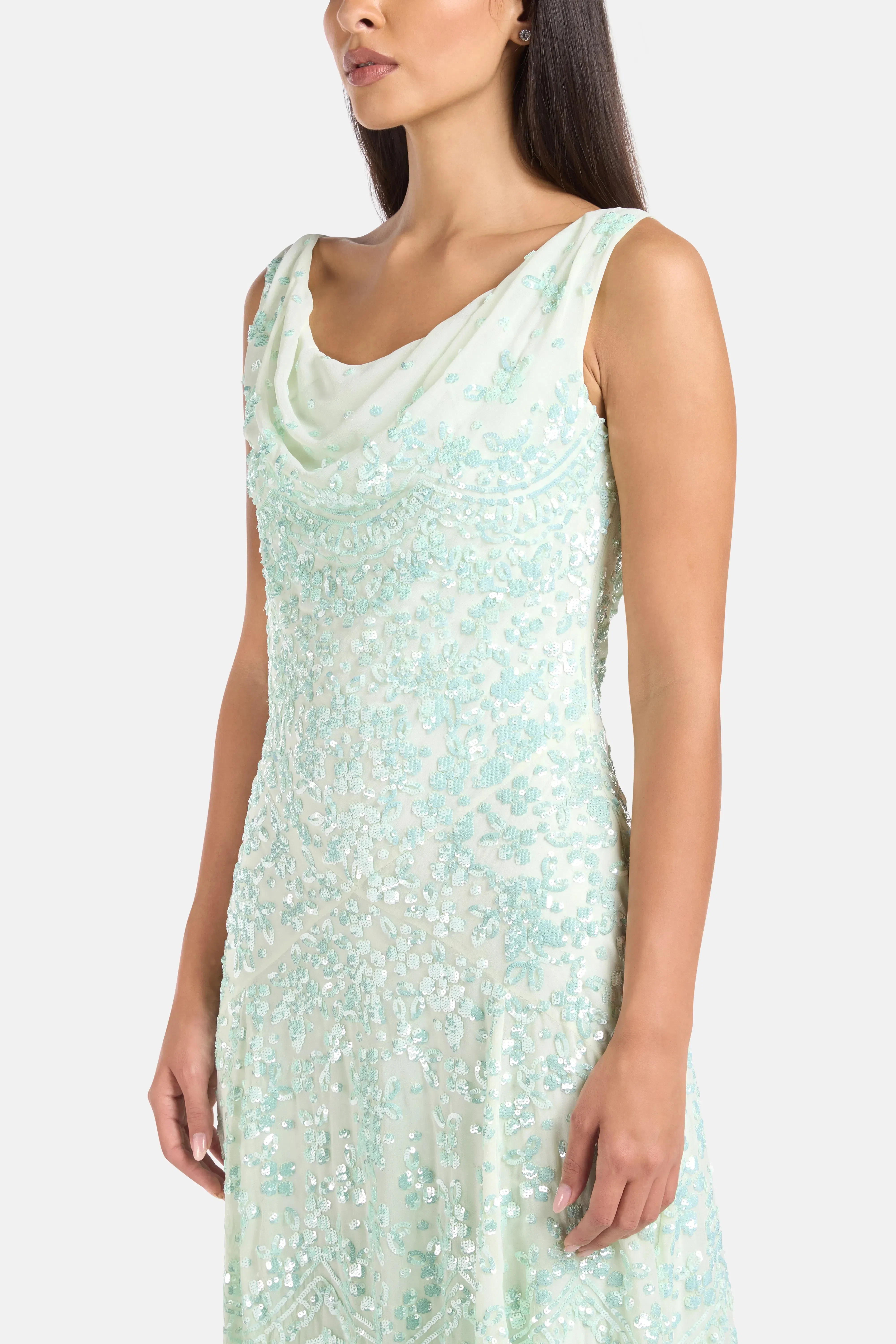 Needle & Thread Freya Georgette Sleeveless Floral Sequins Evening Dress in Green