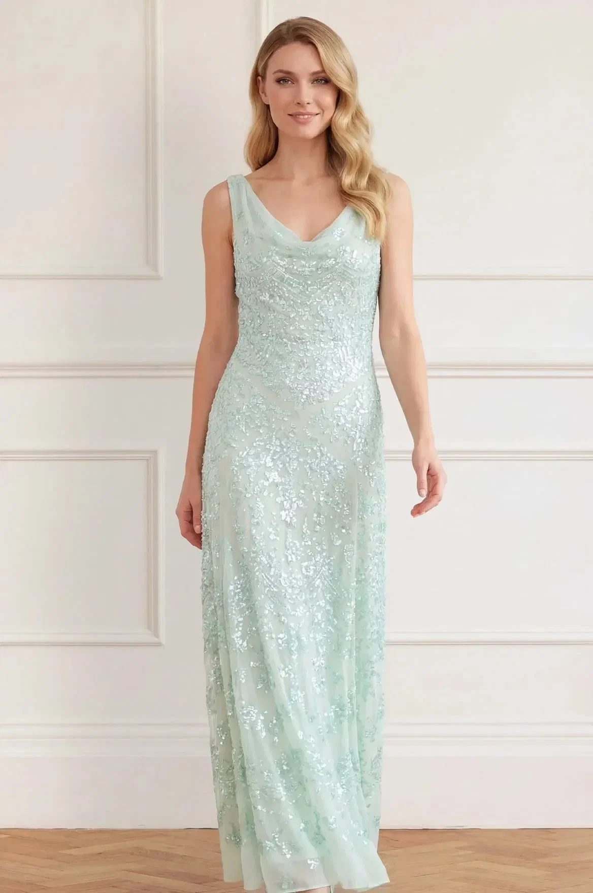 Needle & Thread Freya Georgette Sleeveless Floral Sequins Evening Dress in Green