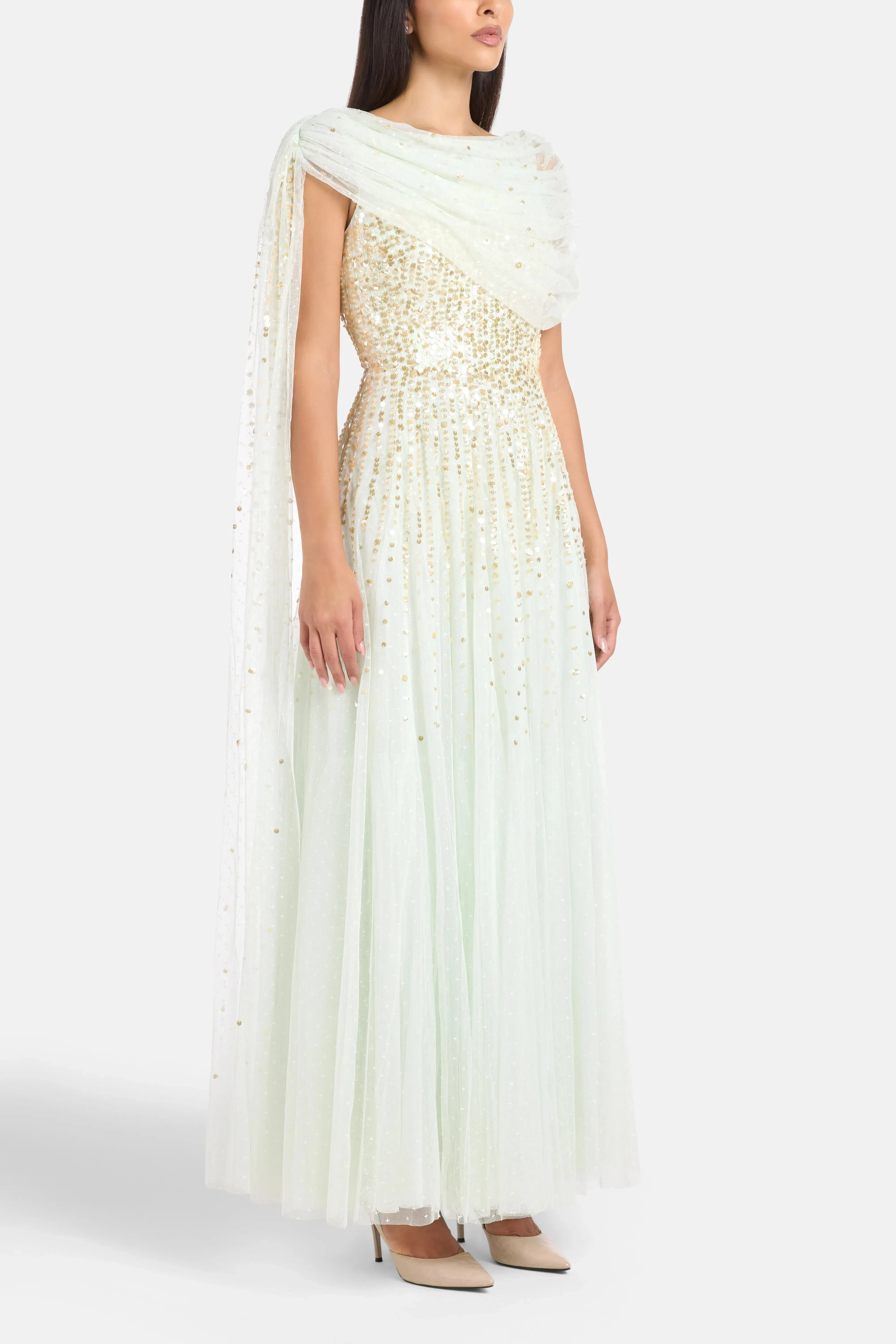 Needle & Thread Moonlight Sequins Draped Evening Dress in Green
