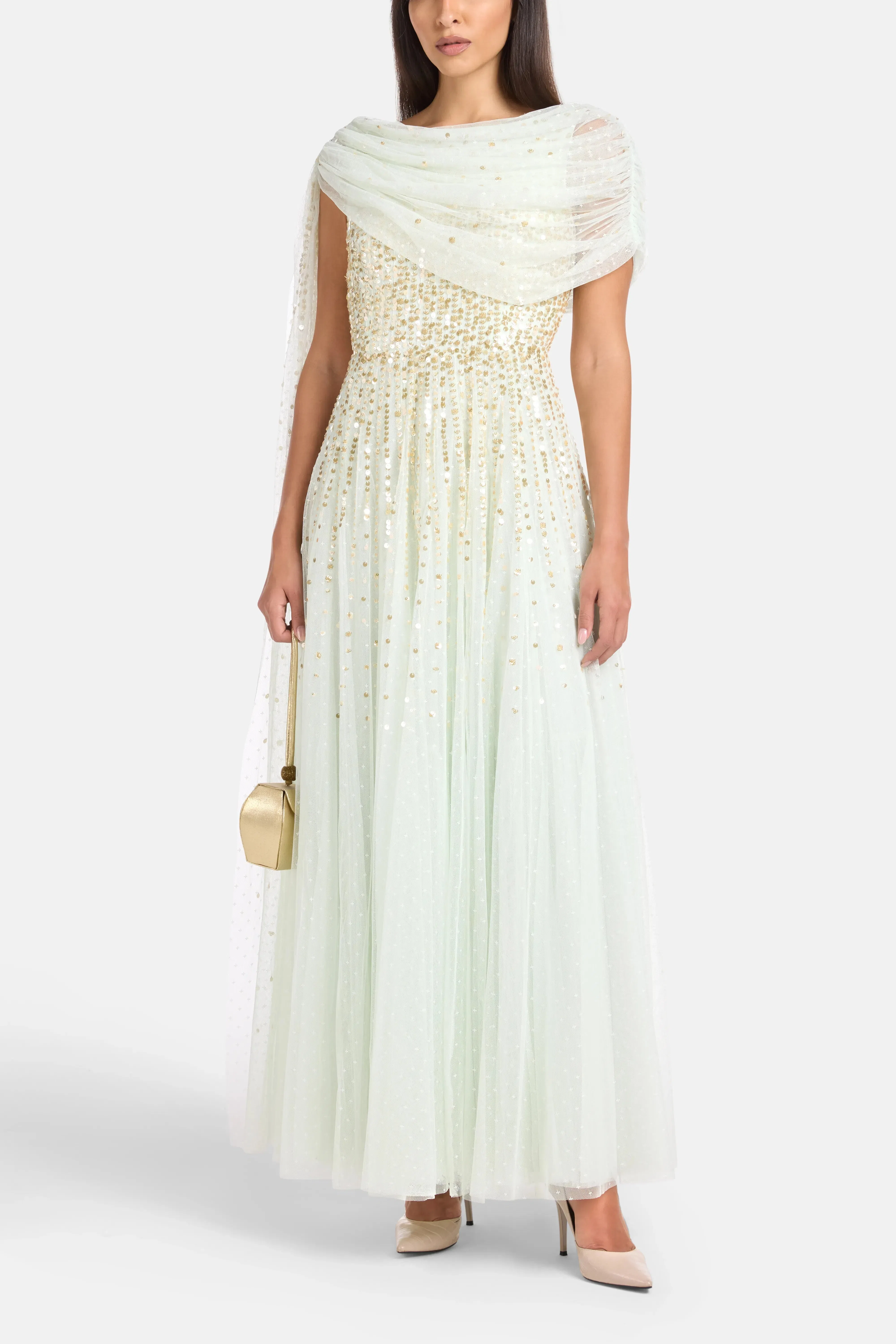 Needle & Thread Moonlight Sequins Draped Evening Dress in Green