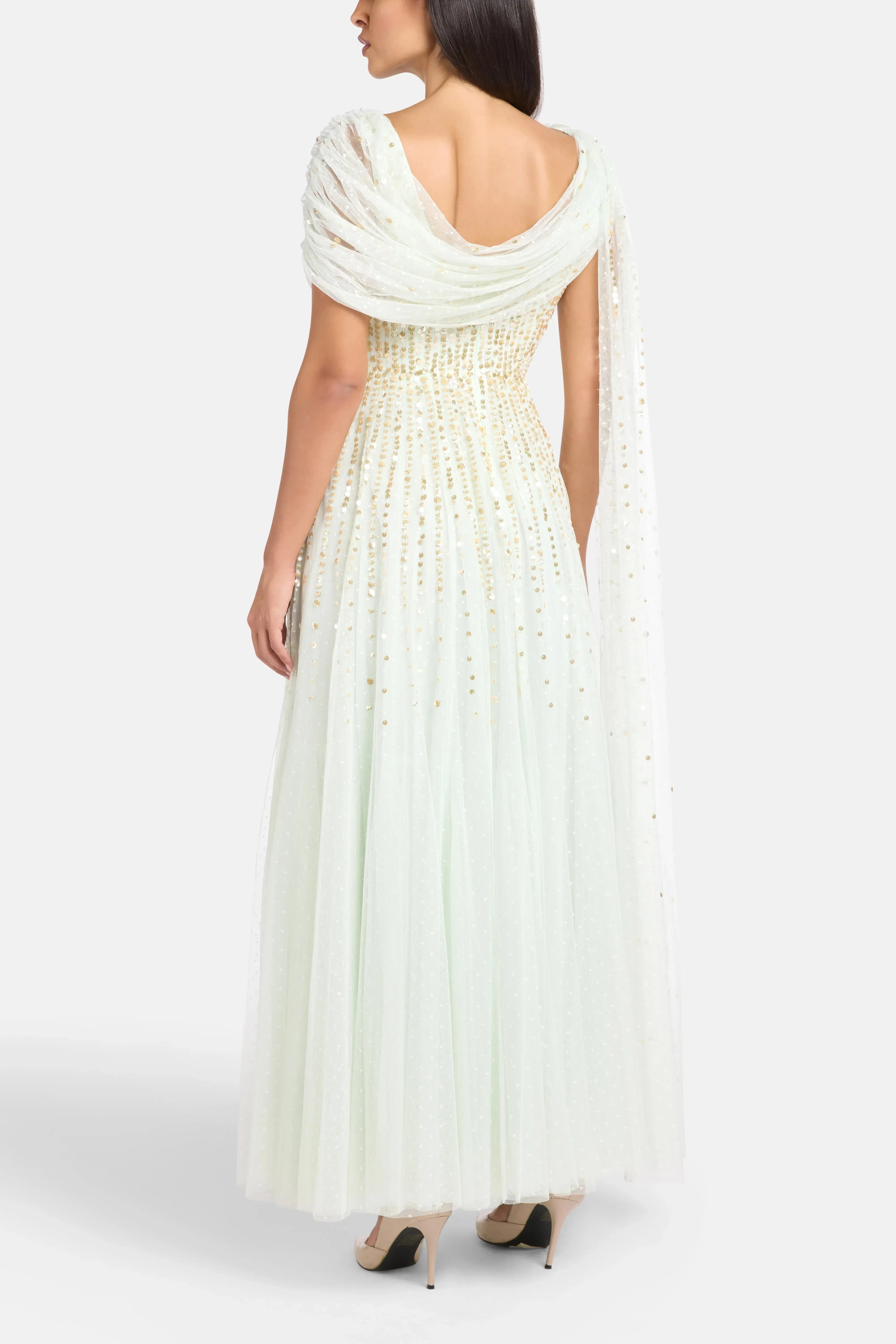 Needle & Thread Moonlight Sequins Draped Evening Dress in Green