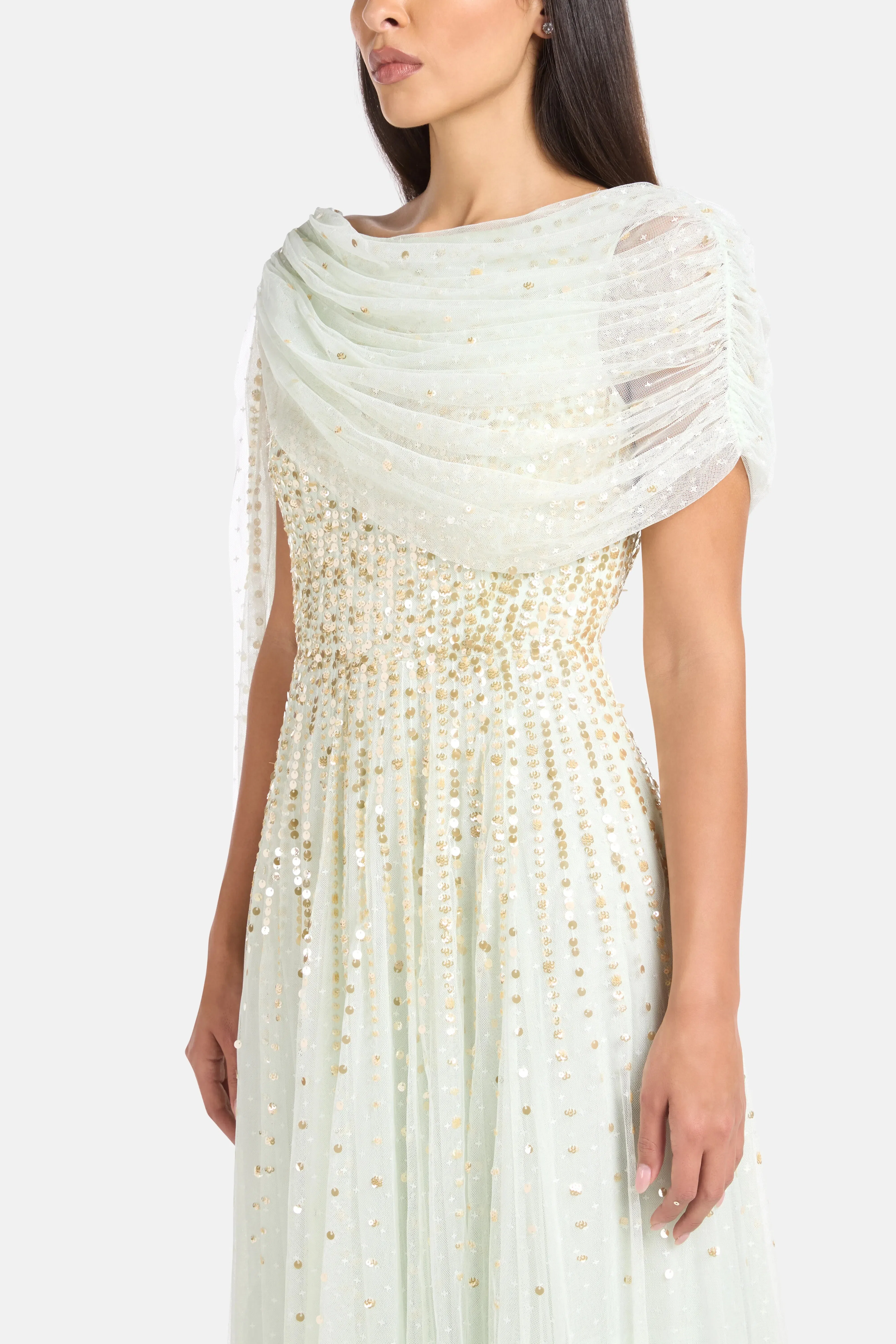 Needle & Thread Moonlight Sequins Draped Evening Dress in Green