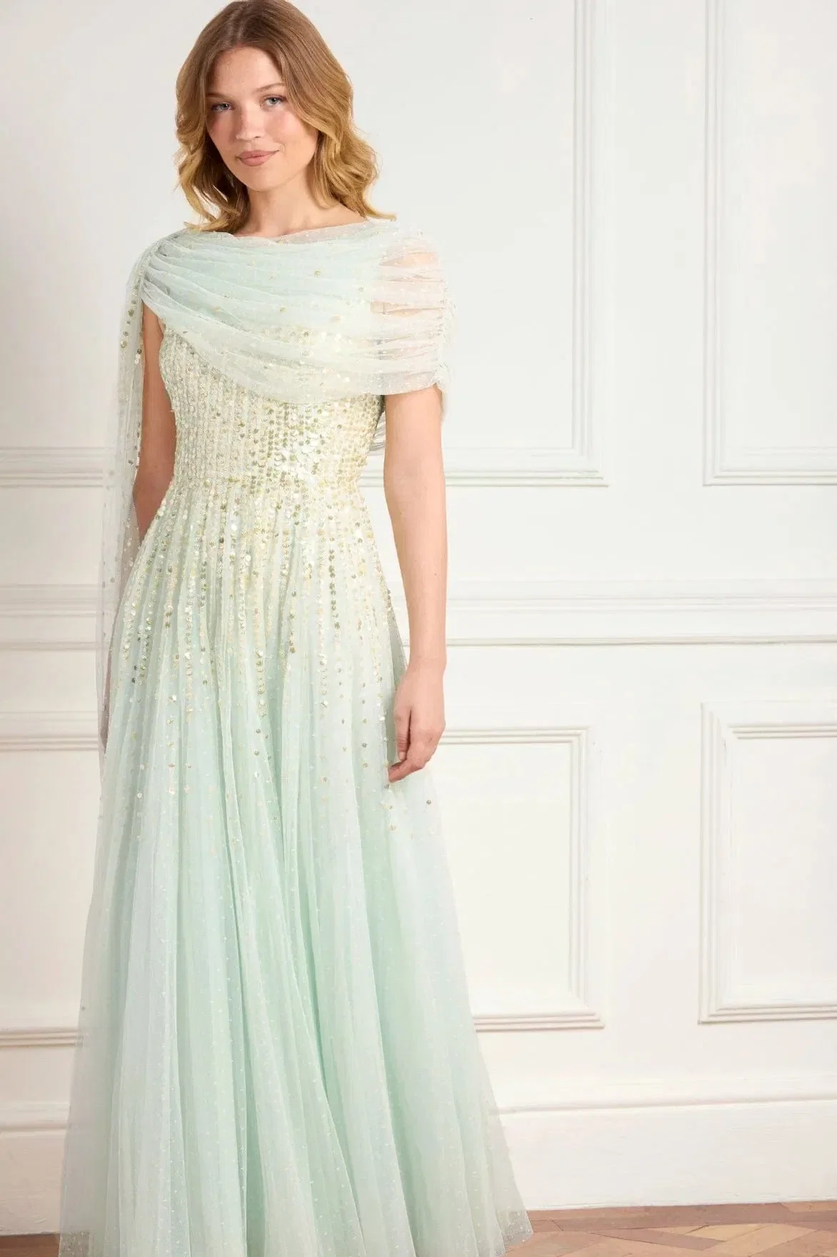 Needle & Thread Moonlight Sequins Draped Evening Dress in Green