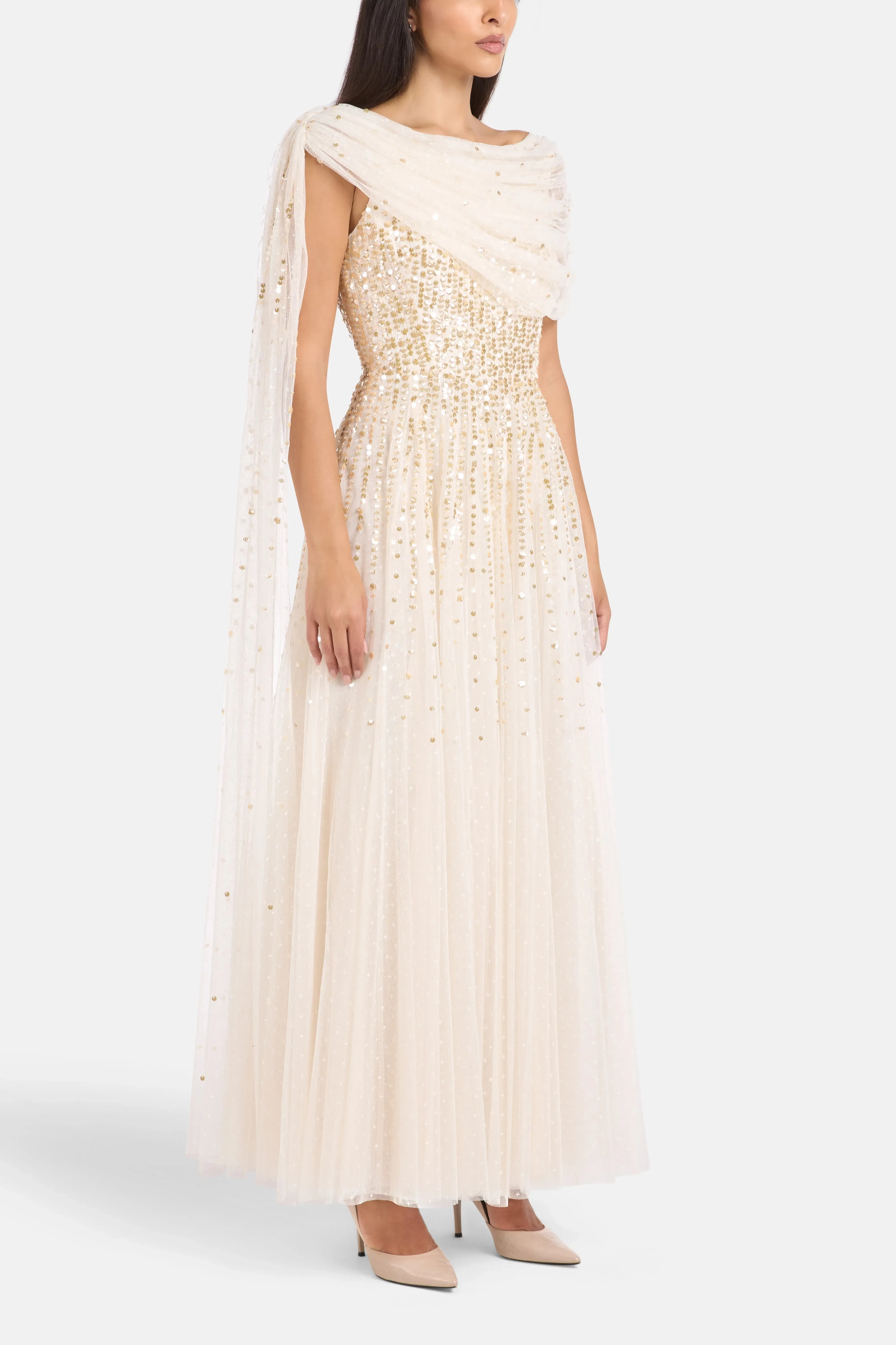 Needle & Thread Moonlight Sequins Draped Evening Dress in Gold